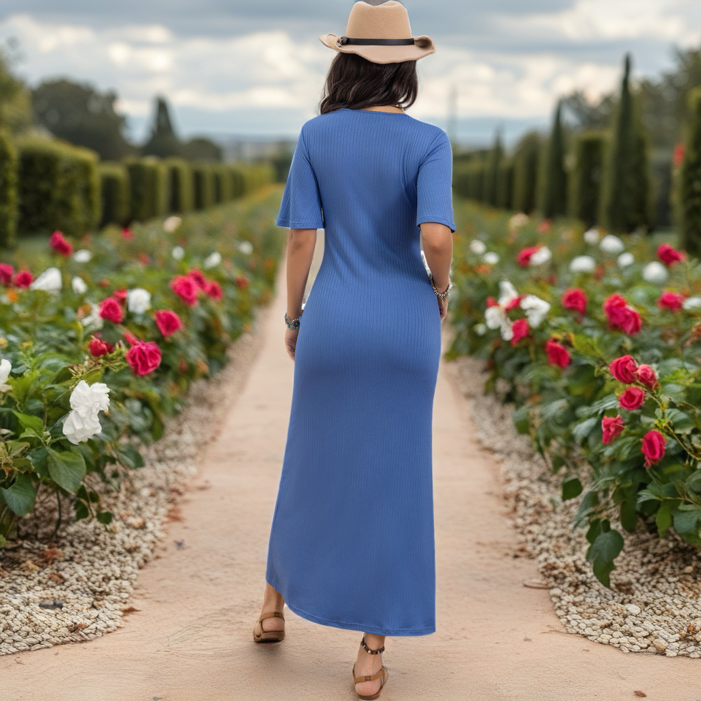 Blue Short Sleeve Maxi Dress with Side Slit