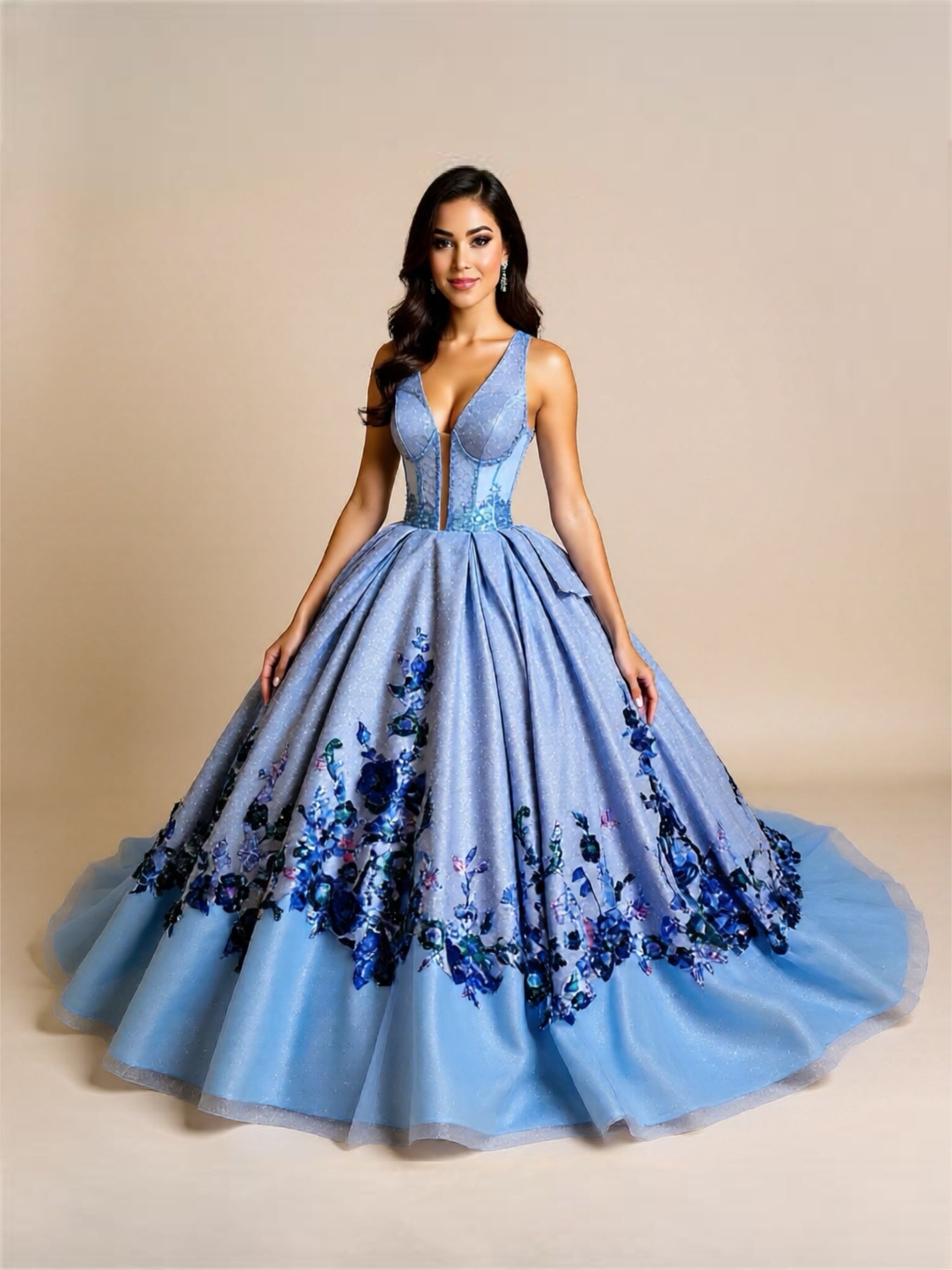 Blue Floral Quinceanera Ball Gown