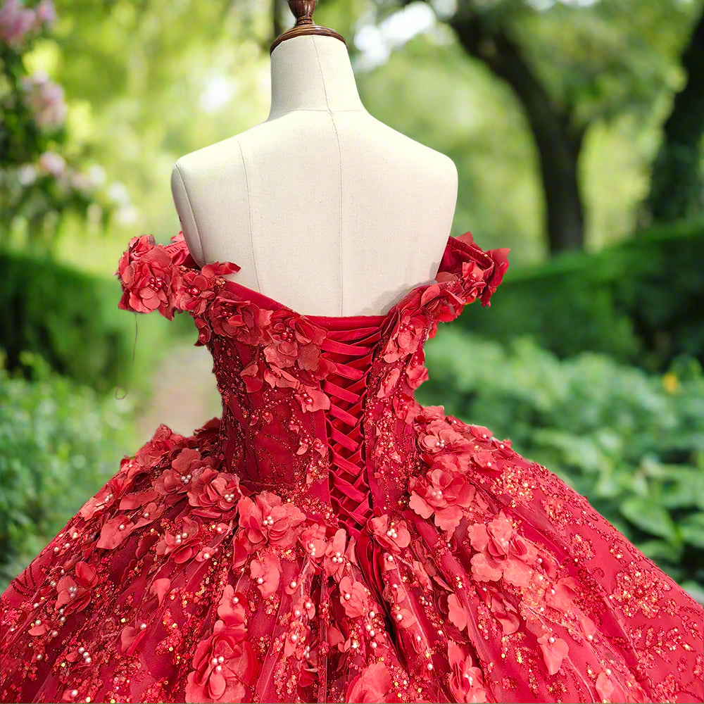 Red Floral Off The Shoulder Quinceanera Ball Gown