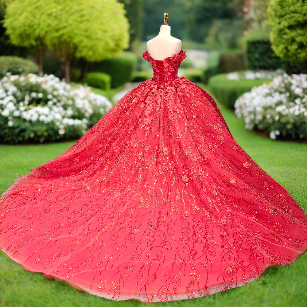 Red Floral Off The Shoulder Quinceanera Ball Gown