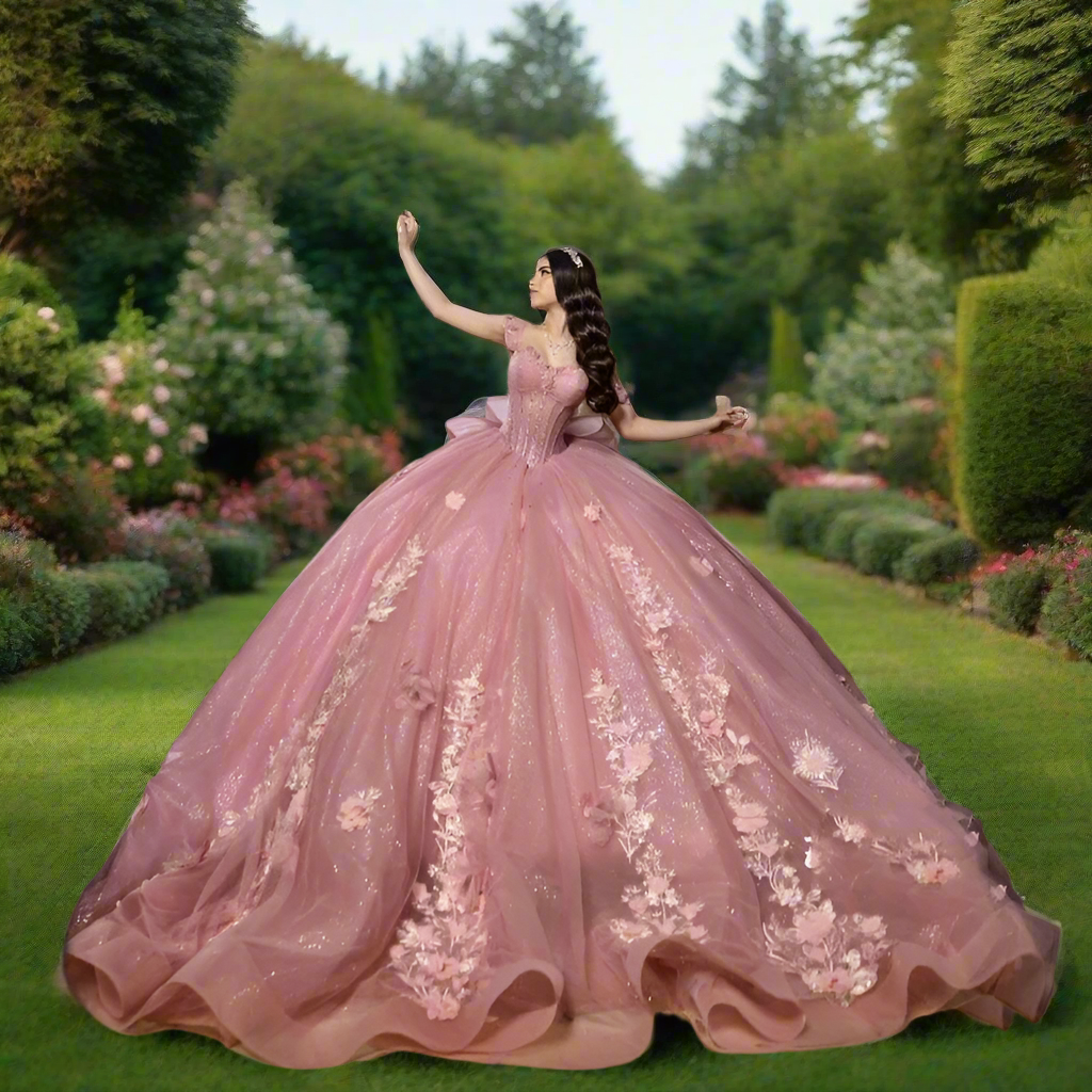 Pink Quinceanera Ball Gown with Lace Flowers & Beading