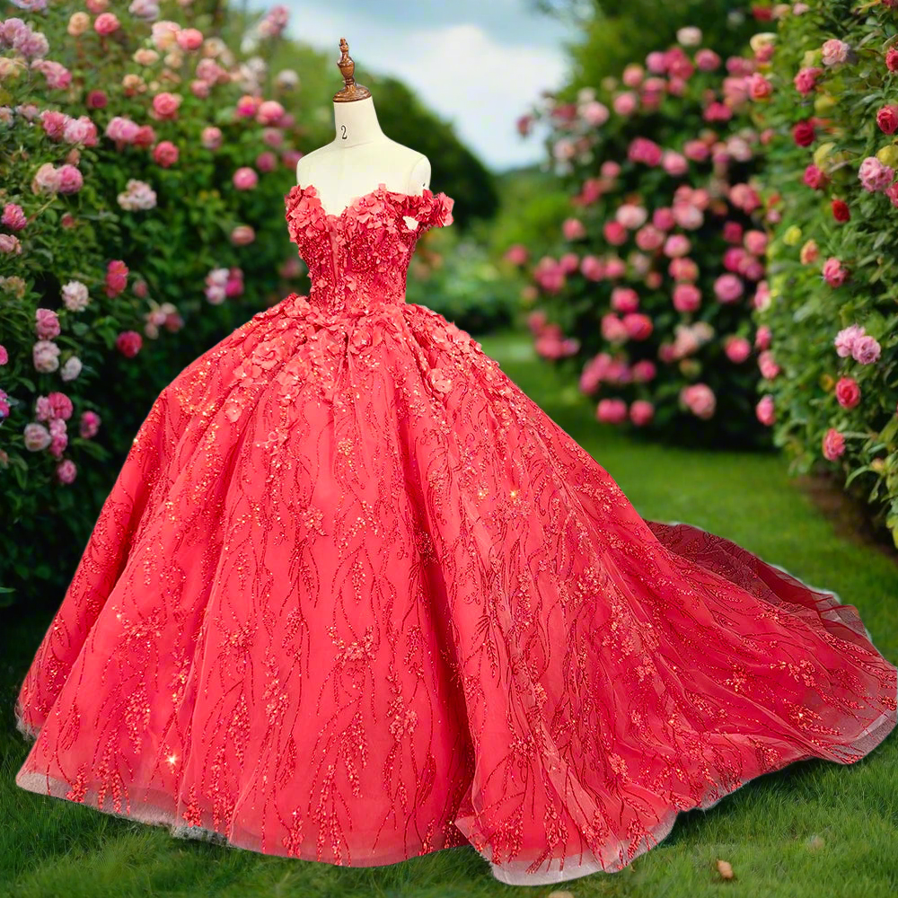 Red Floral Off The Shoulder Quinceanera Ball Gown