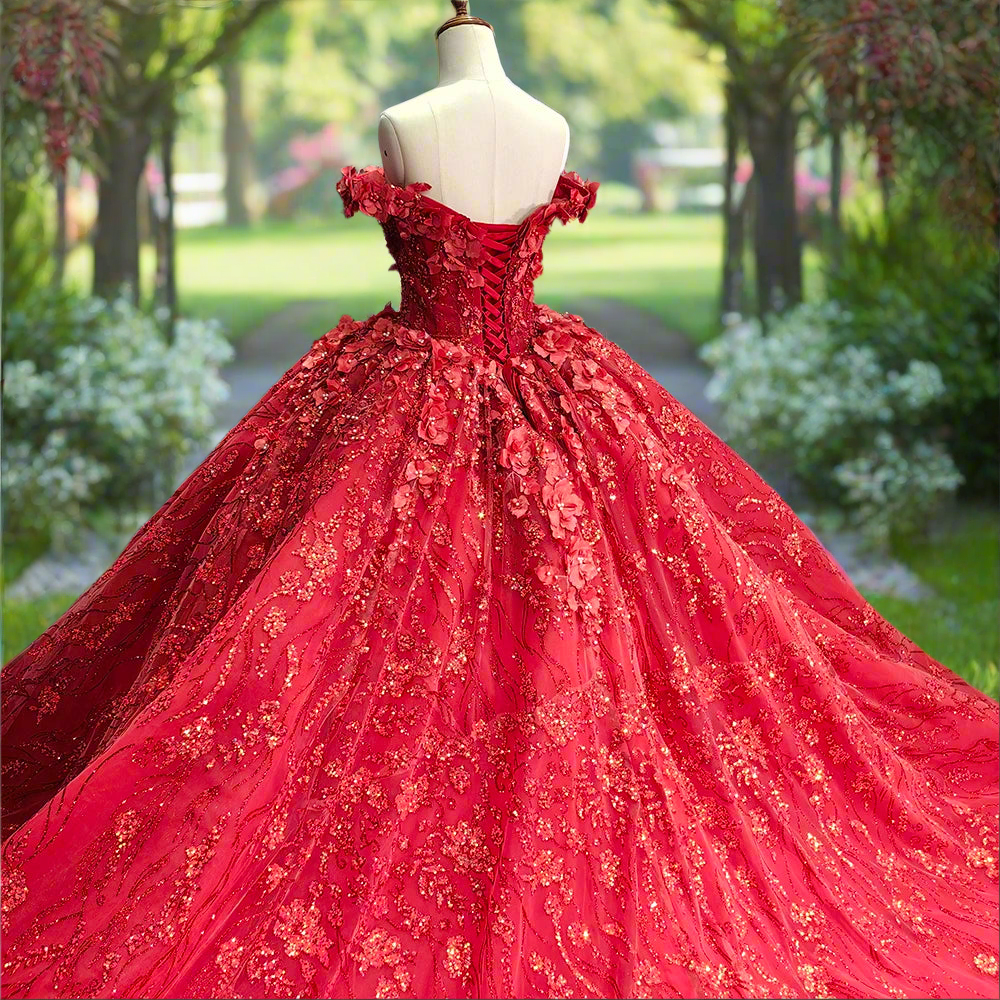Red Floral Off The Shoulder Quinceanera Ball Gown