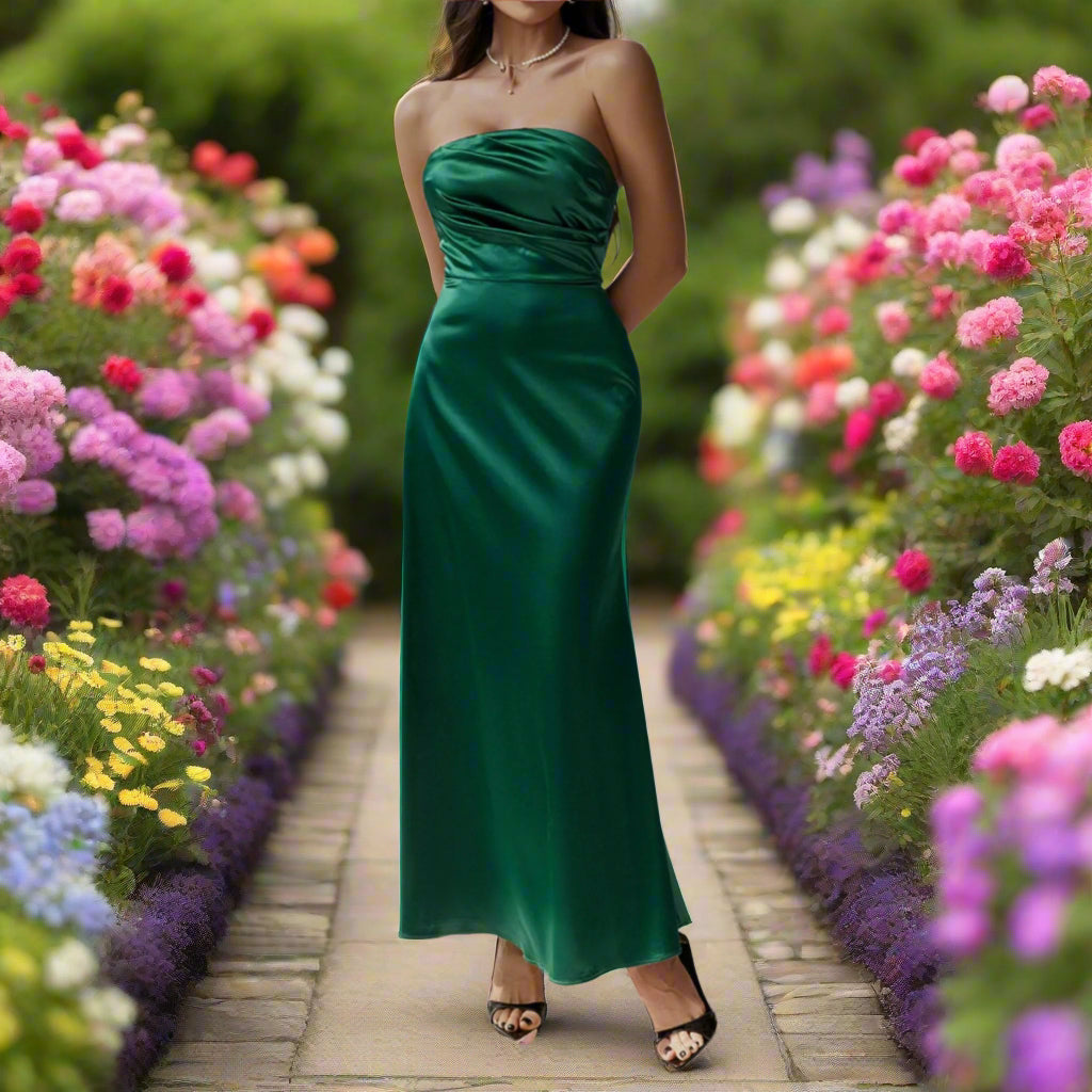 Ruched Satin Strapless Maxi Dress