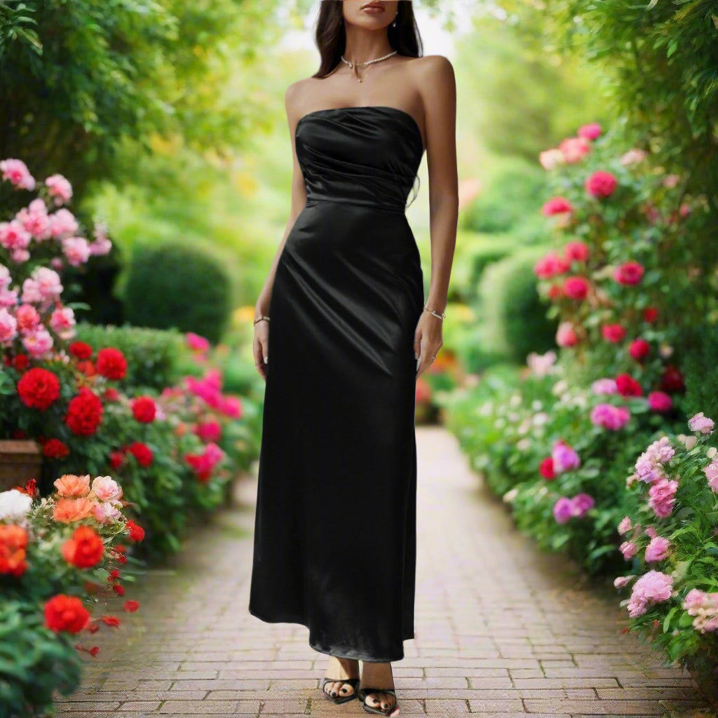 Ruched Satin Strapless Maxi Dress