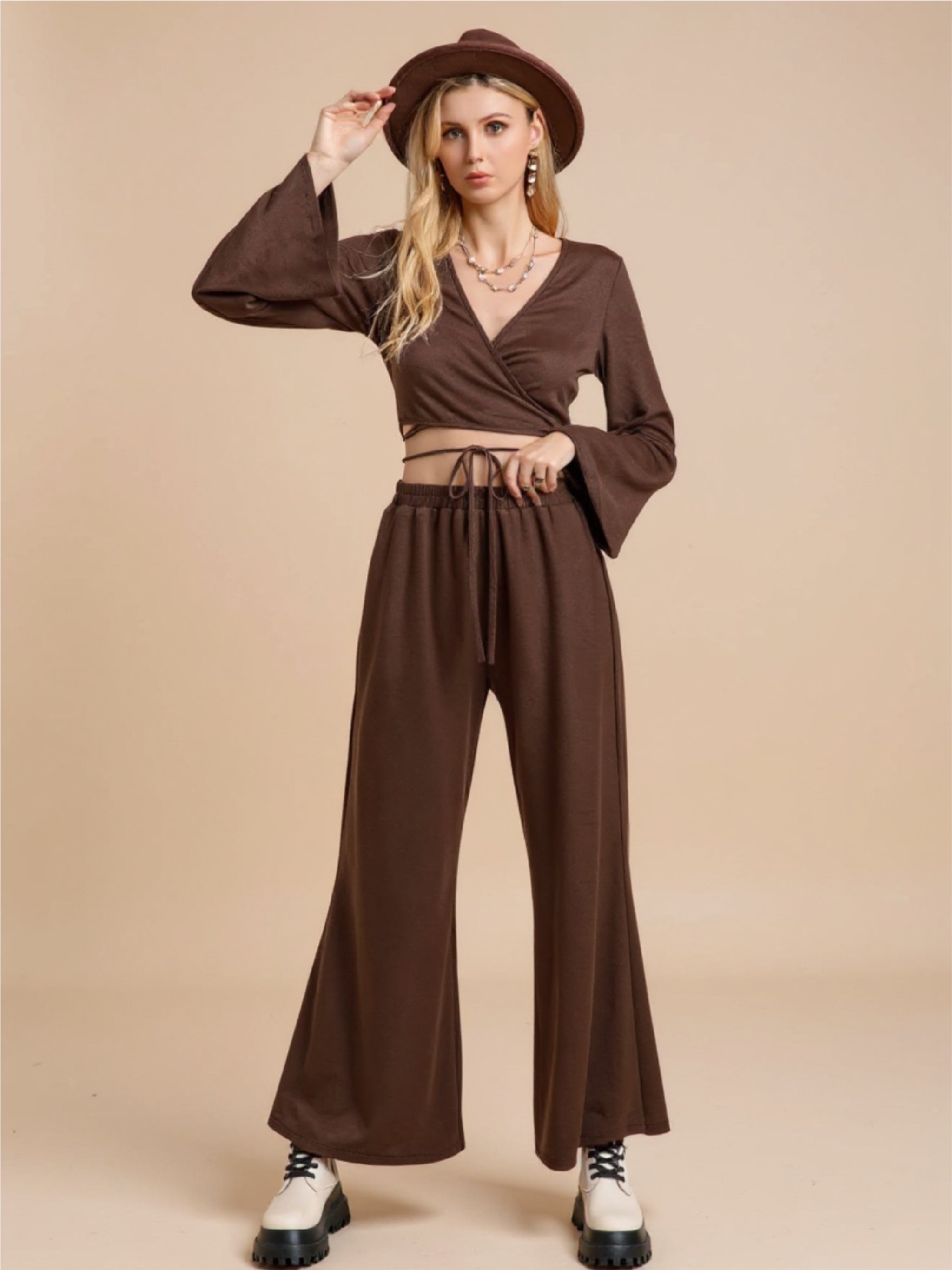 Mocha Tied Flare Sleeve Top & Pants Set