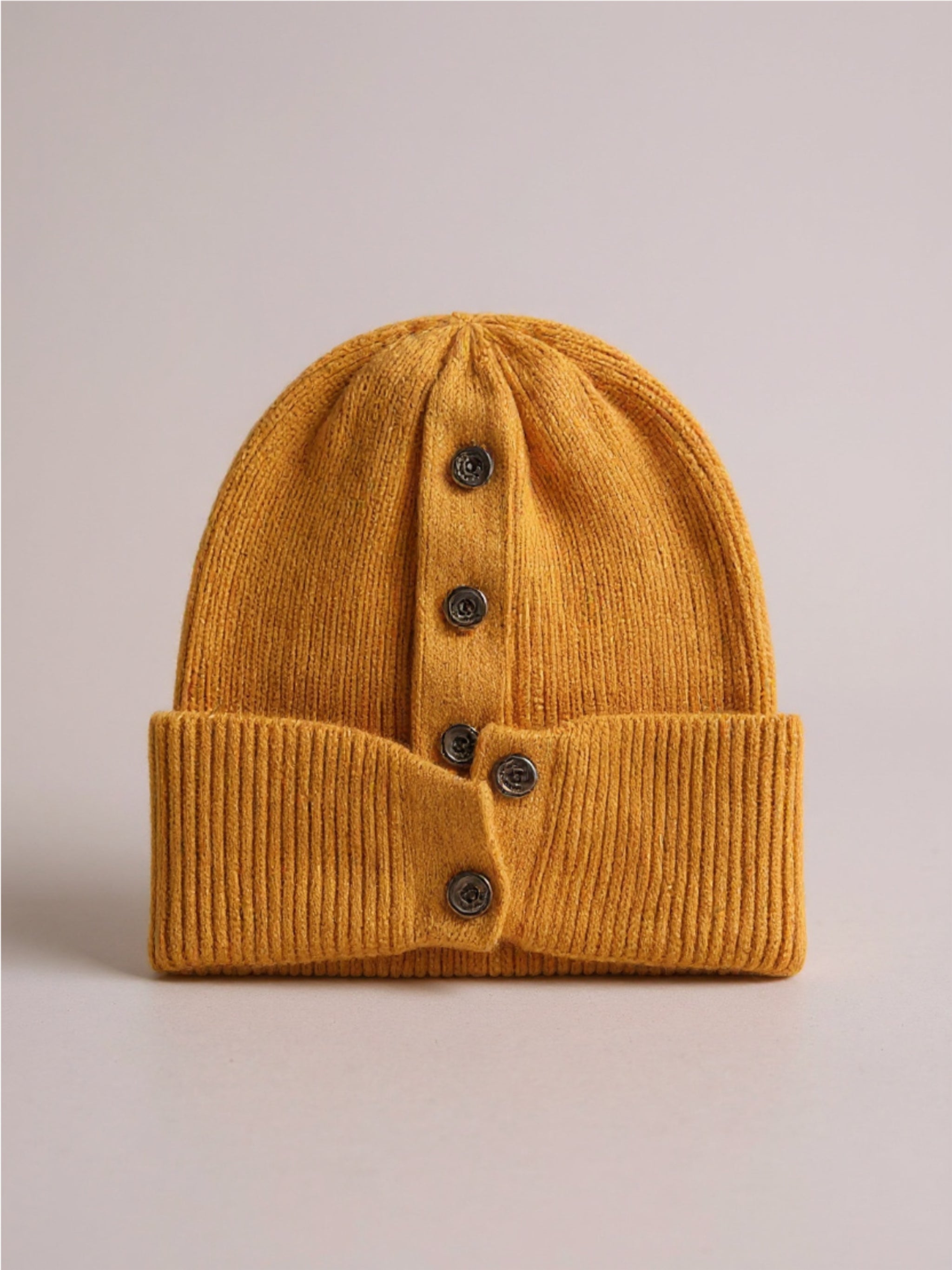 Button Detail Rib-Knit Cuff Beanie