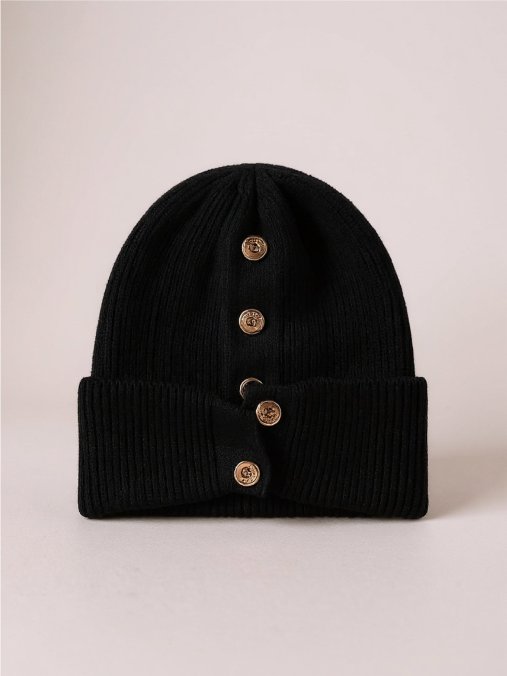 Button Detail Rib-Knit Cuff Beanie