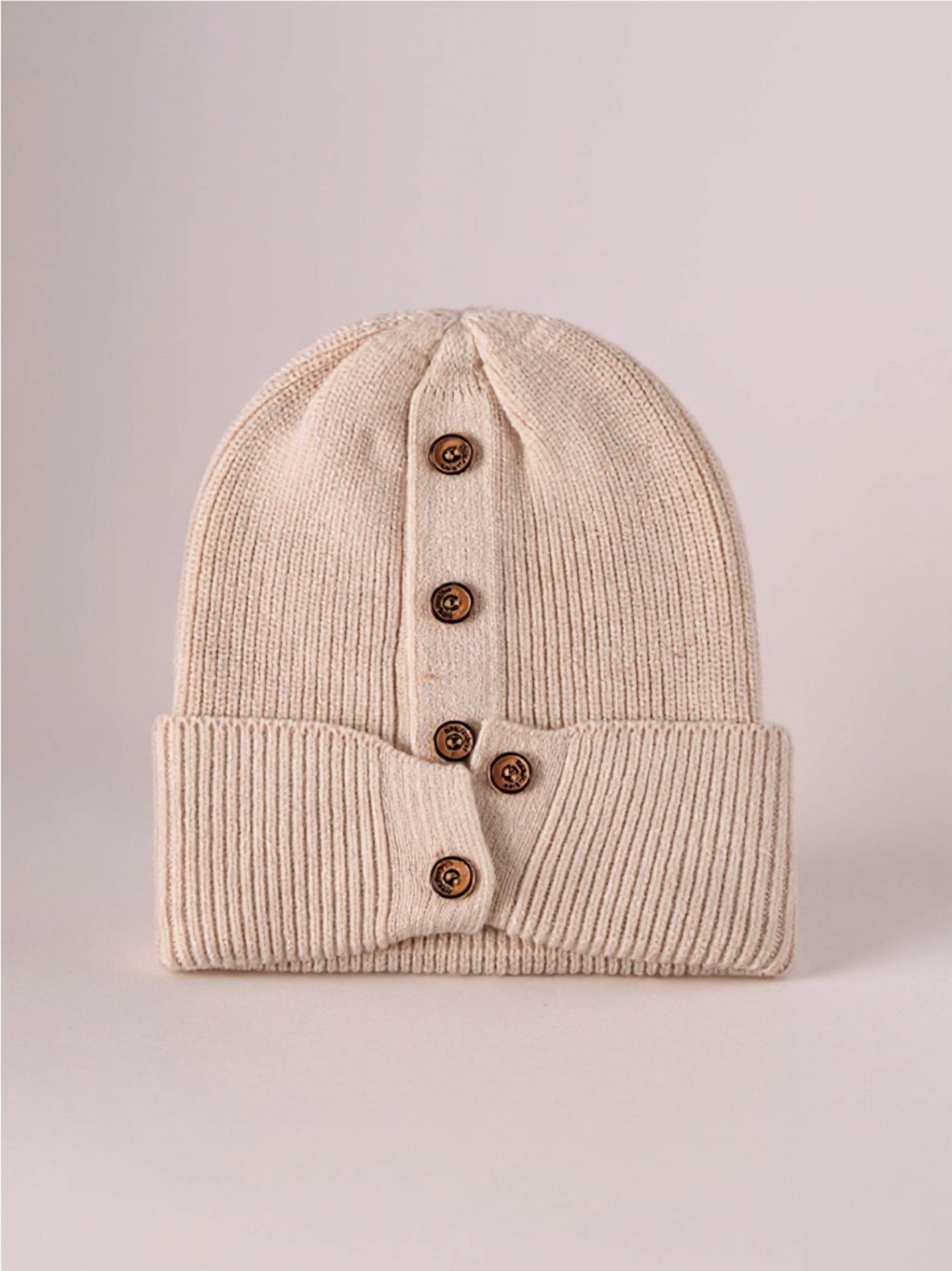 Button Detail Rib-Knit Cuff Beanie
