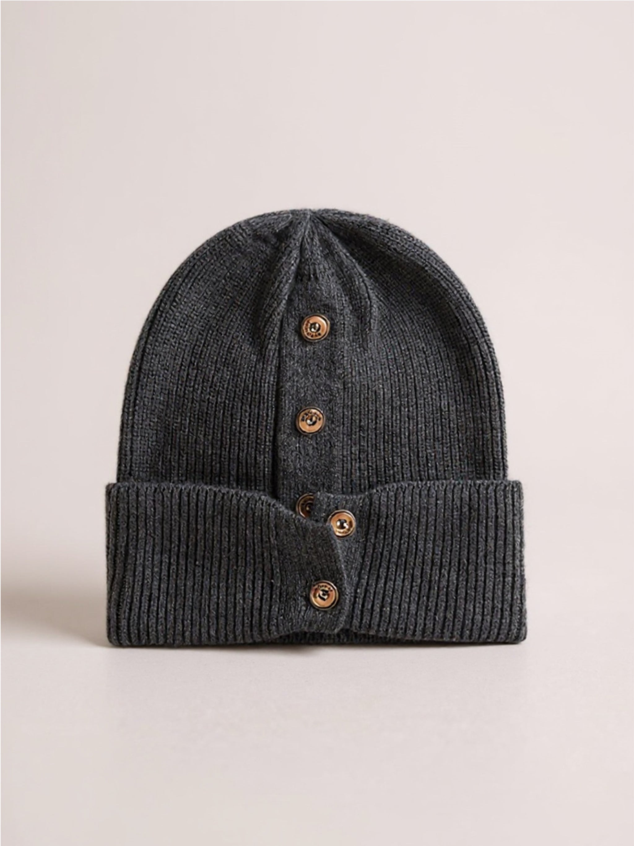 Button Detail Rib-Knit Cuff Beanie