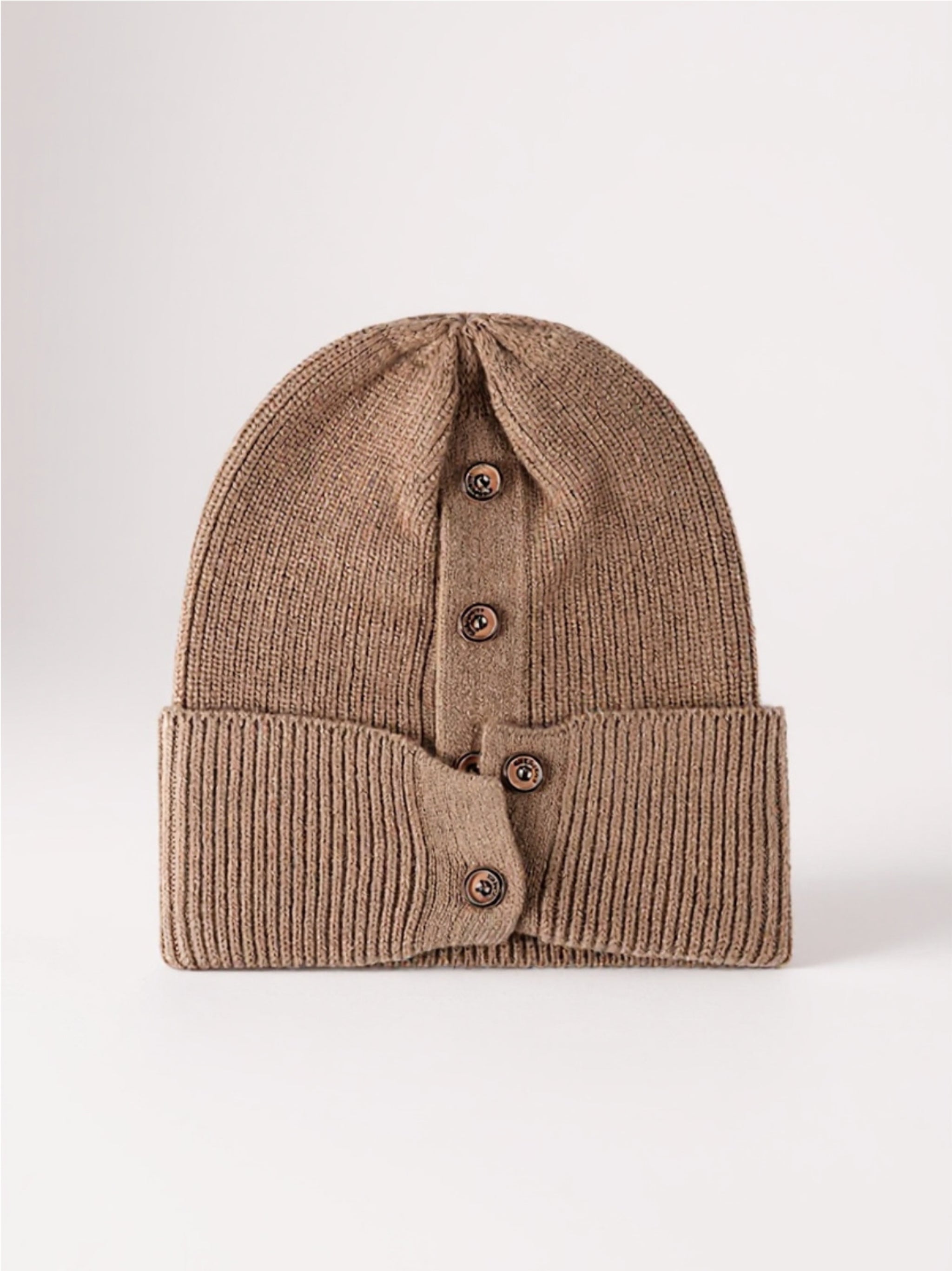 Button Detail Rib-Knit Cuff Beanie