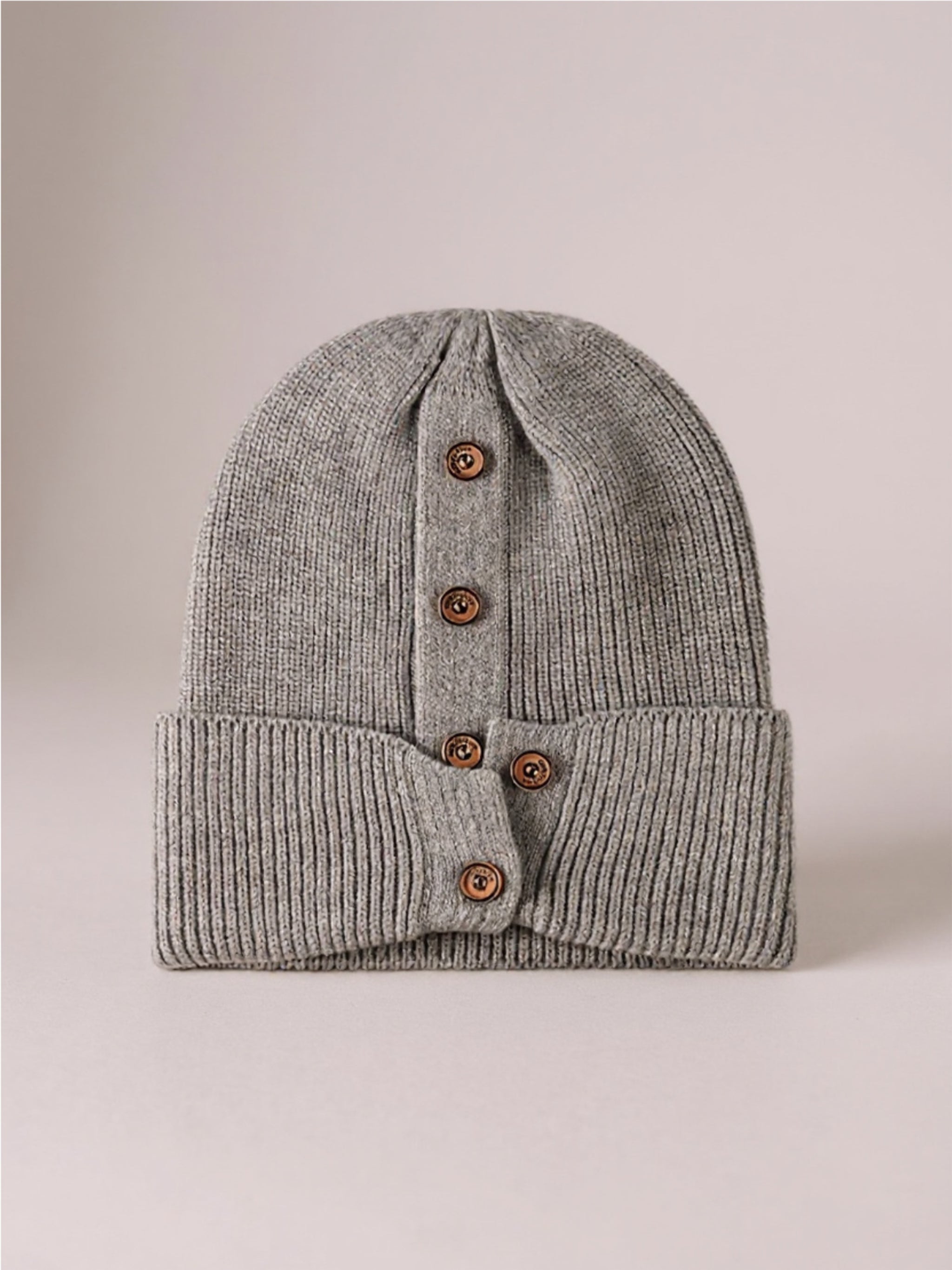 Button Detail Rib-Knit Cuff Beanie
