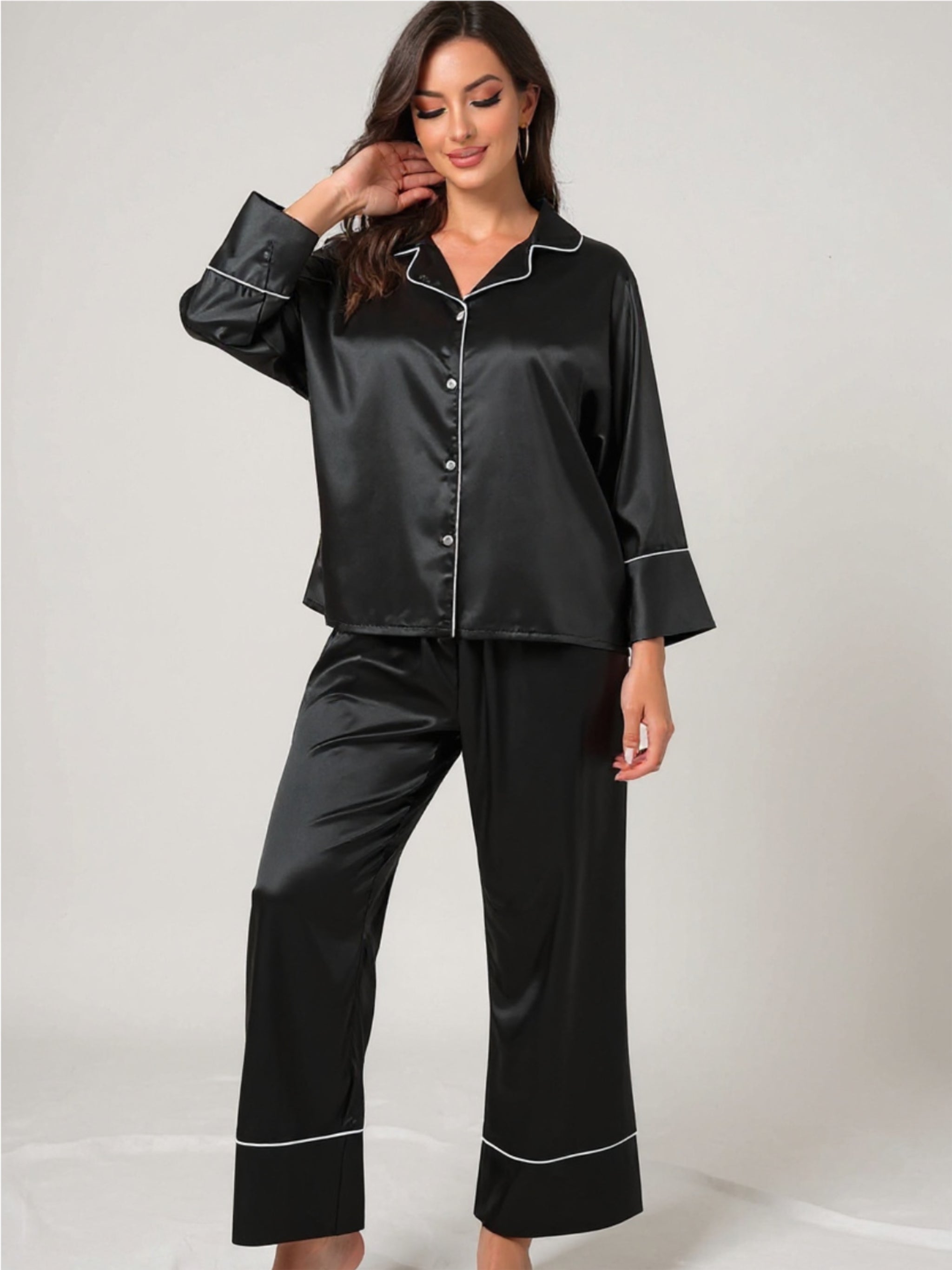 Contrast Piping Button-Up Top & Pants Pajama Set