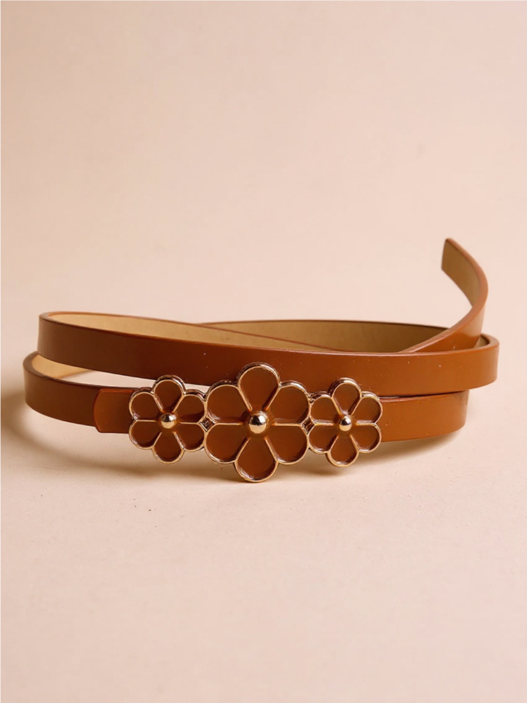 Flower Buckle Skinny Vegan Leather Belt