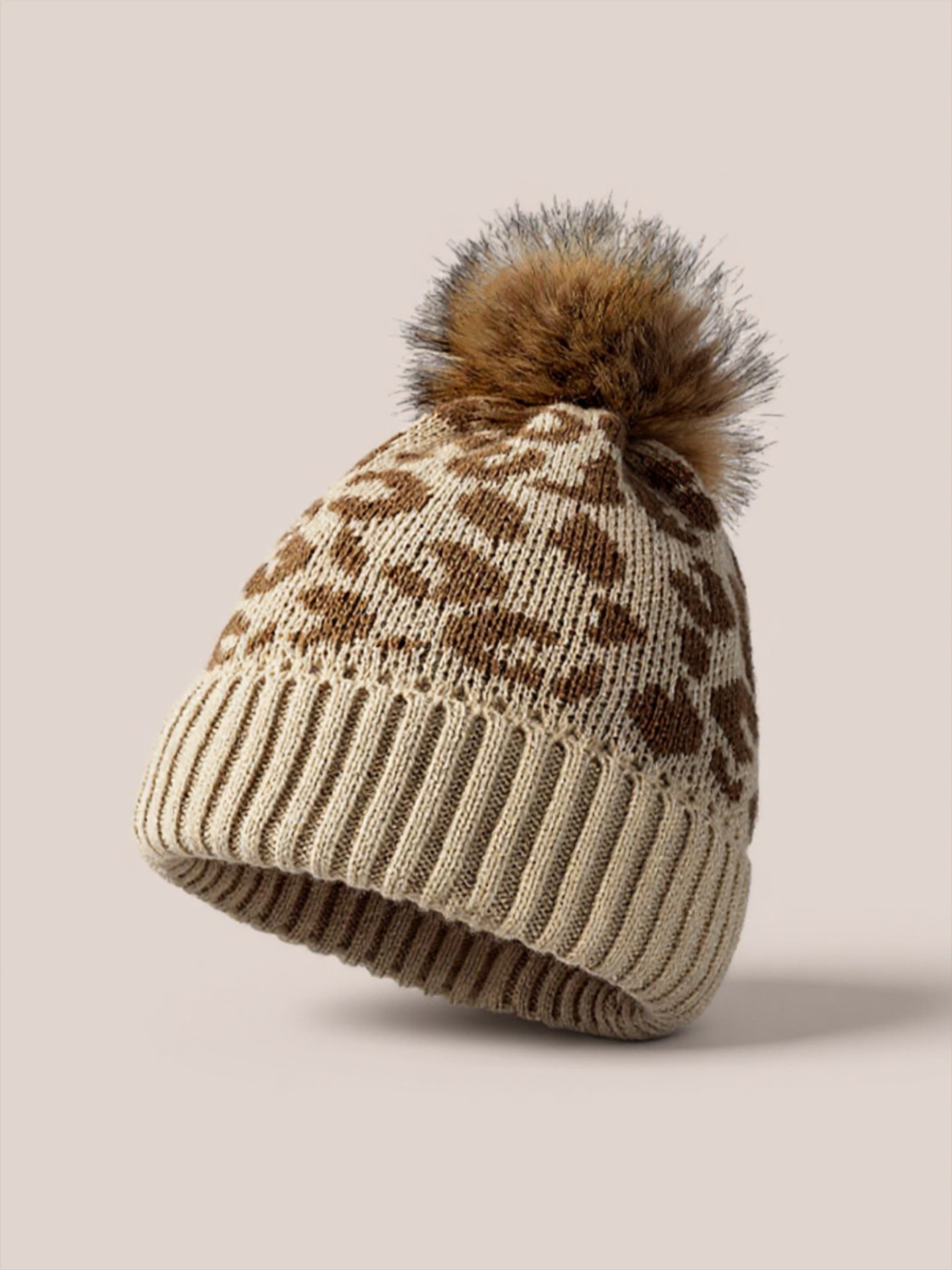 Leopard Pom-Pom Cuffed Beanie