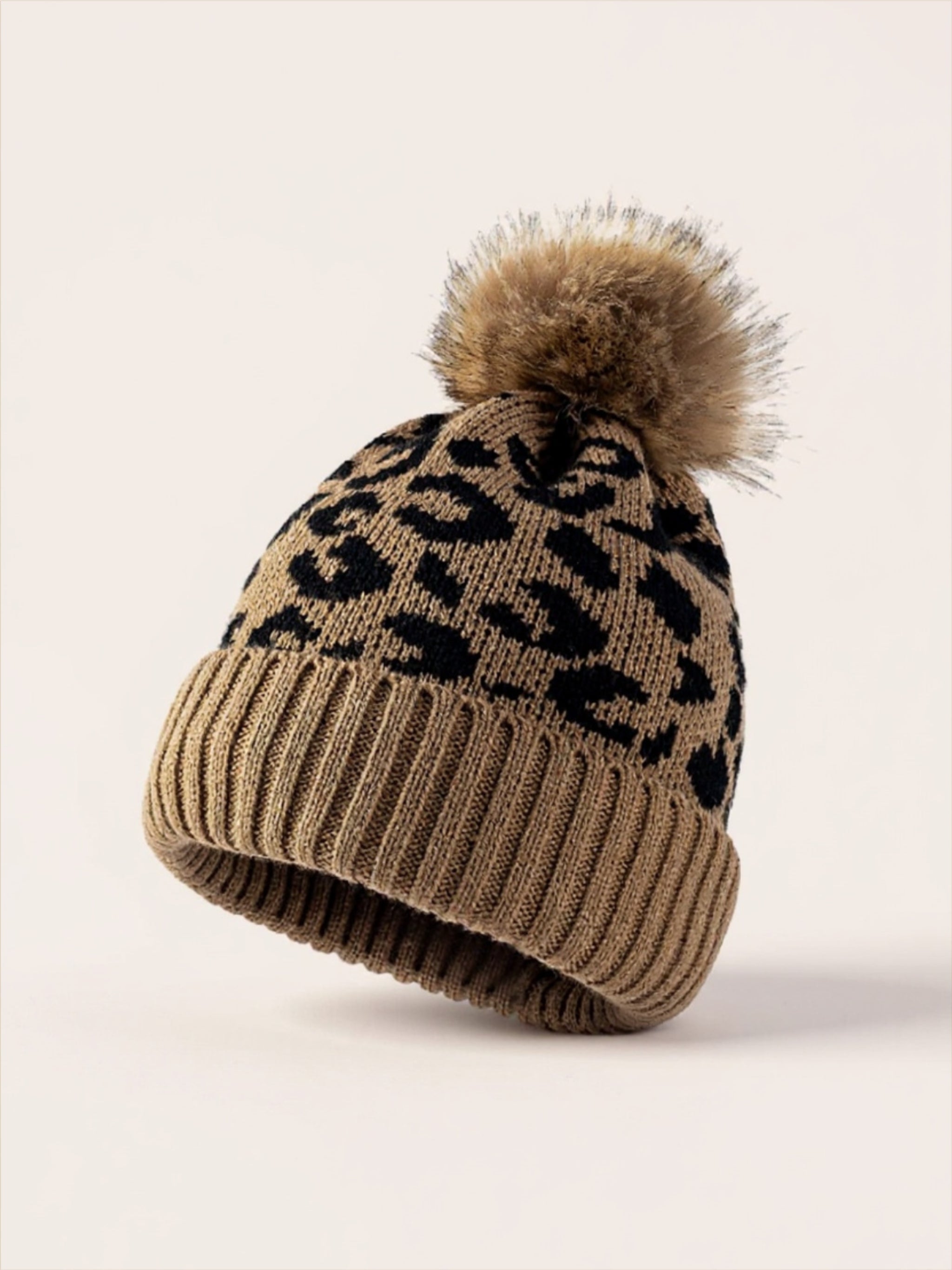 Leopard Pom-Pom Cuffed Beanie