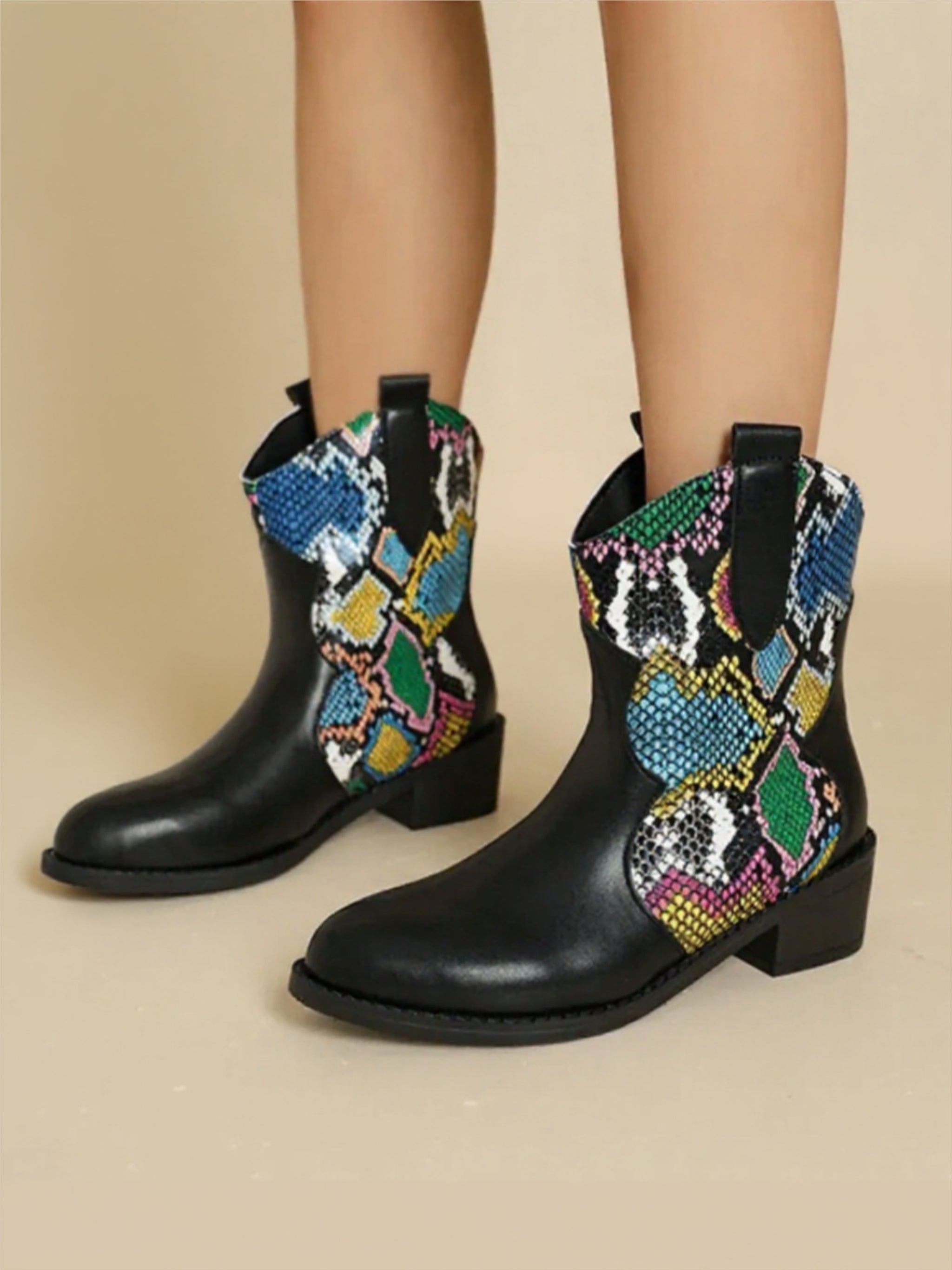 Black Vegan Leather Color Block Boots