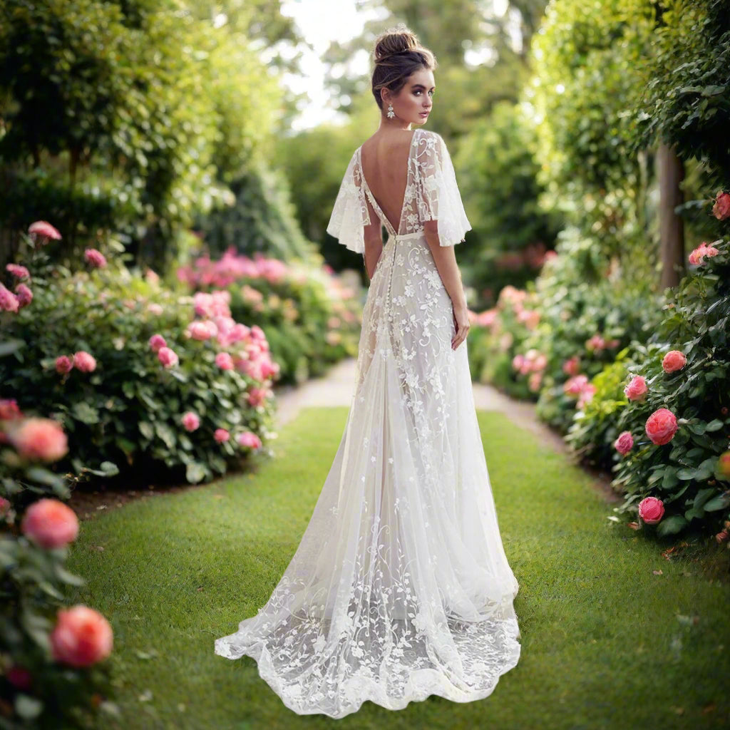 White Lace wedding Dress with Flare Sleeves