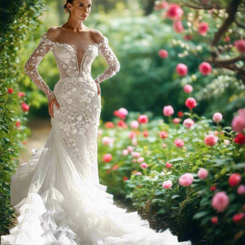 Off The Shoulder Lace A-Line Wedding Dress With Detachable Long Tulle Train