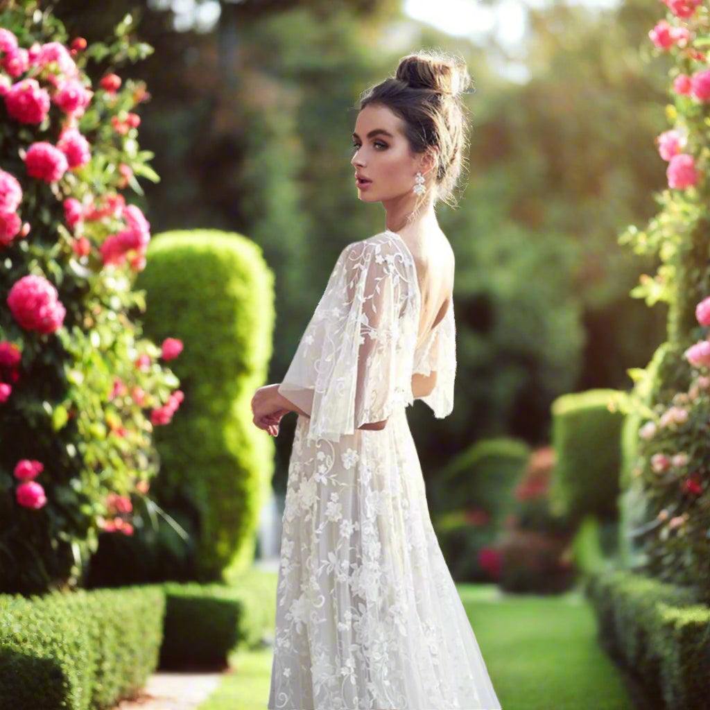 White Lace wedding Dress with Flare Sleeves