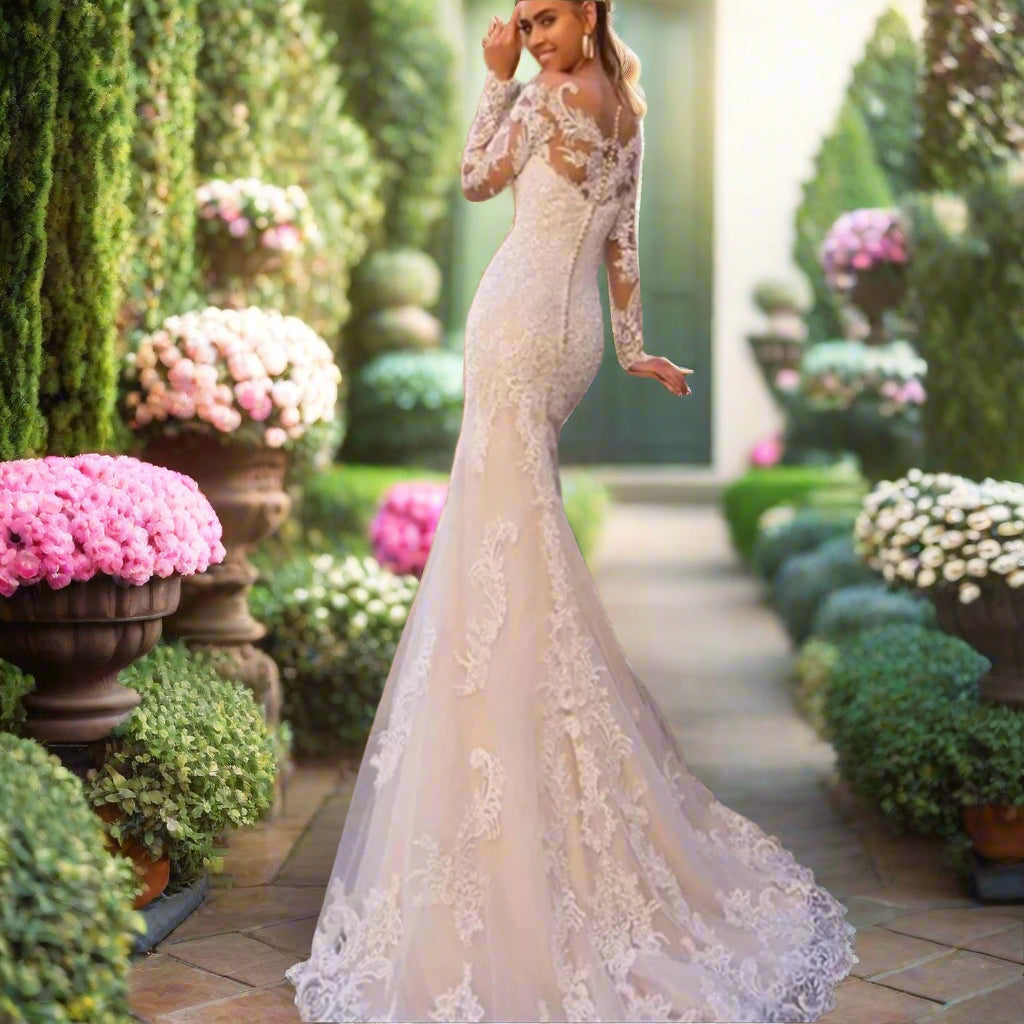 Long Sleeve Lace Mermaid Wedding Gown with Detachable Train