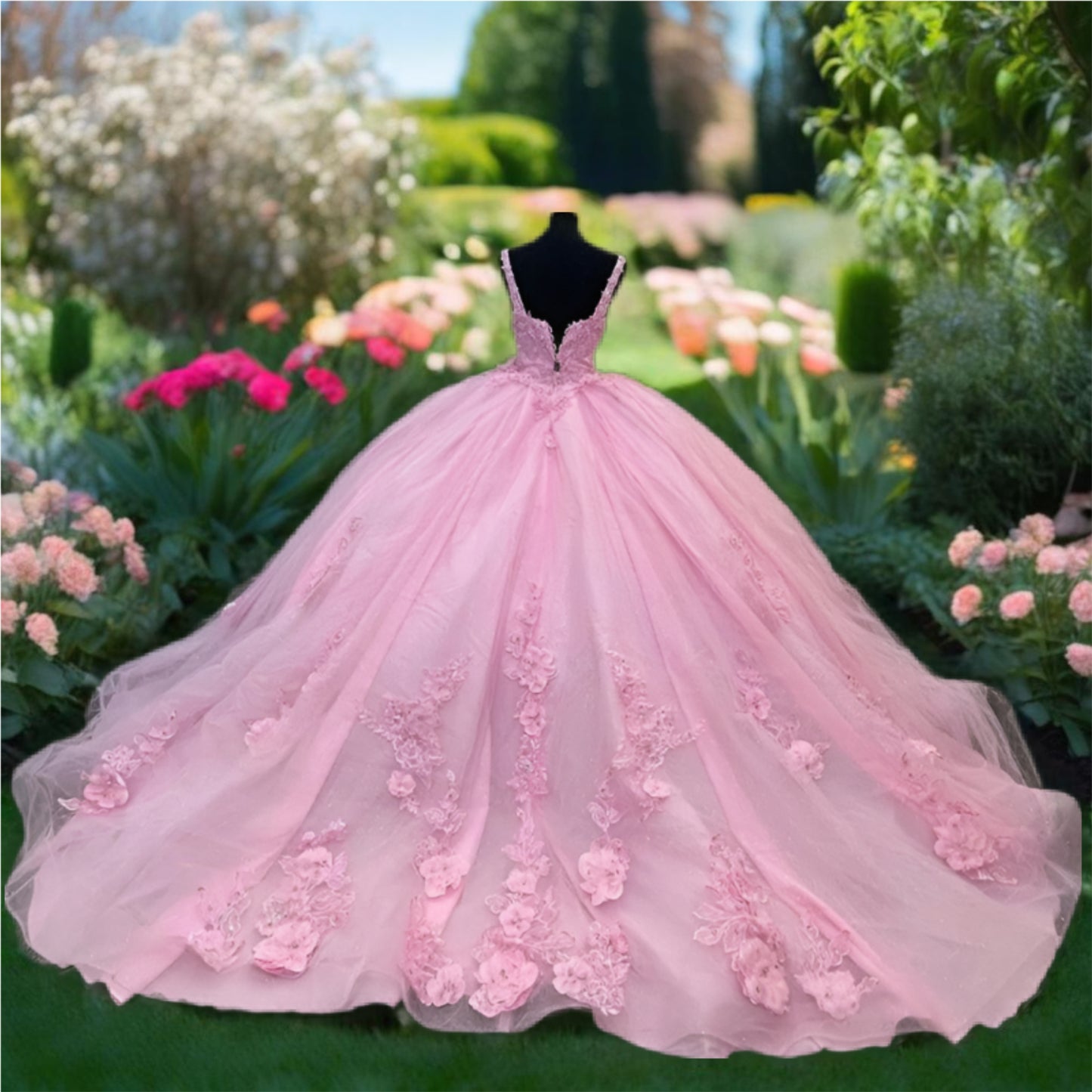 Pink Quinceanera Dress with 3D Handmade Flowers Appliques