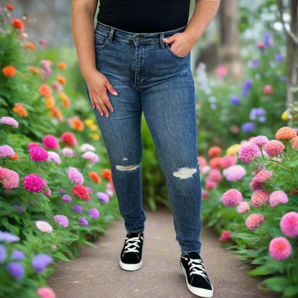 Mid Waist Distressed Slim Jeans