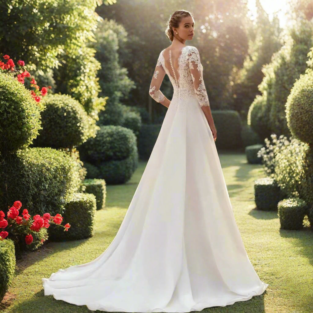 V-Neck Lace Long Sleeved Princess A-Line Bridal Gown