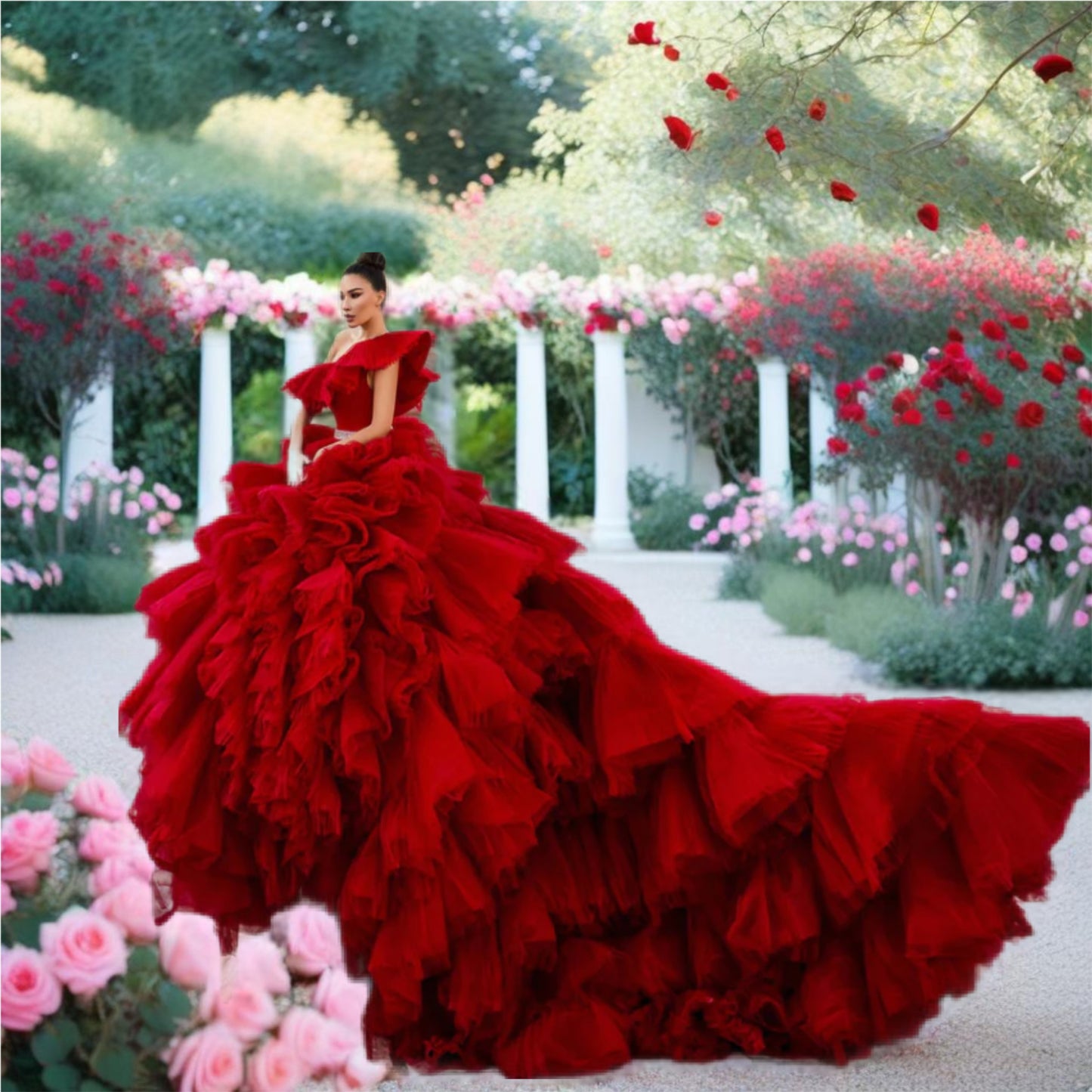 Red Tulle Tiered Ruffles Quinceanera Dress