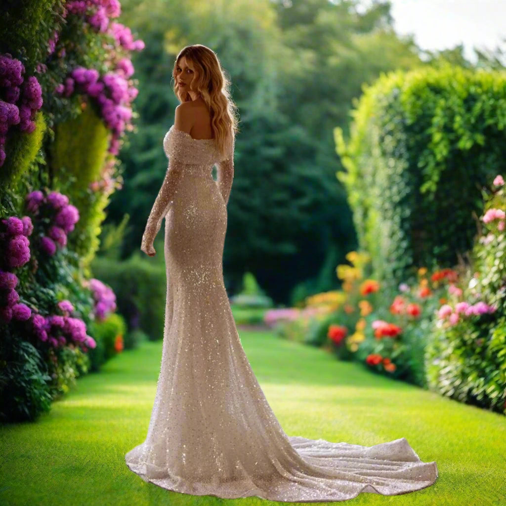 Glitter Long Sleeve Off The Shoulder Mermaid Wedding Dress