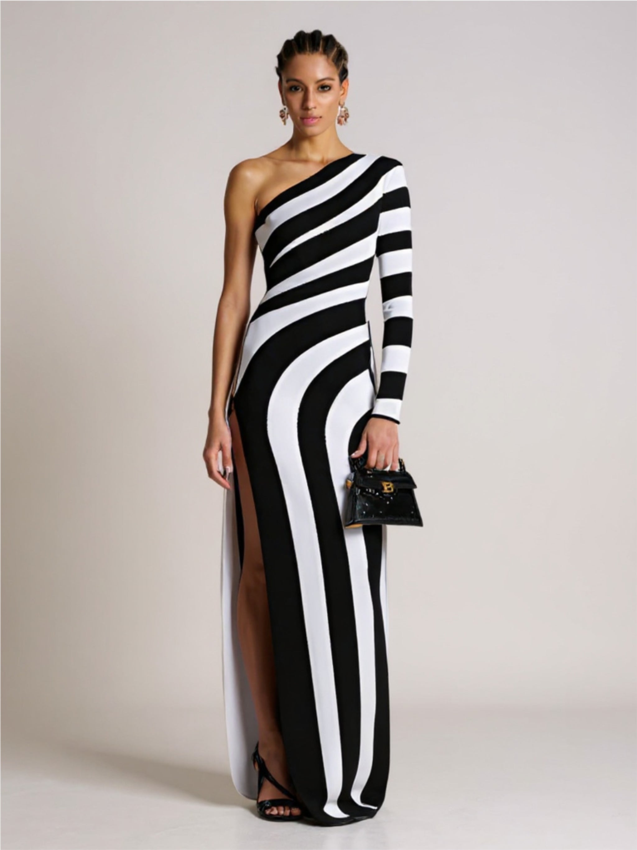 Black & White Striped One Shoulder Dress