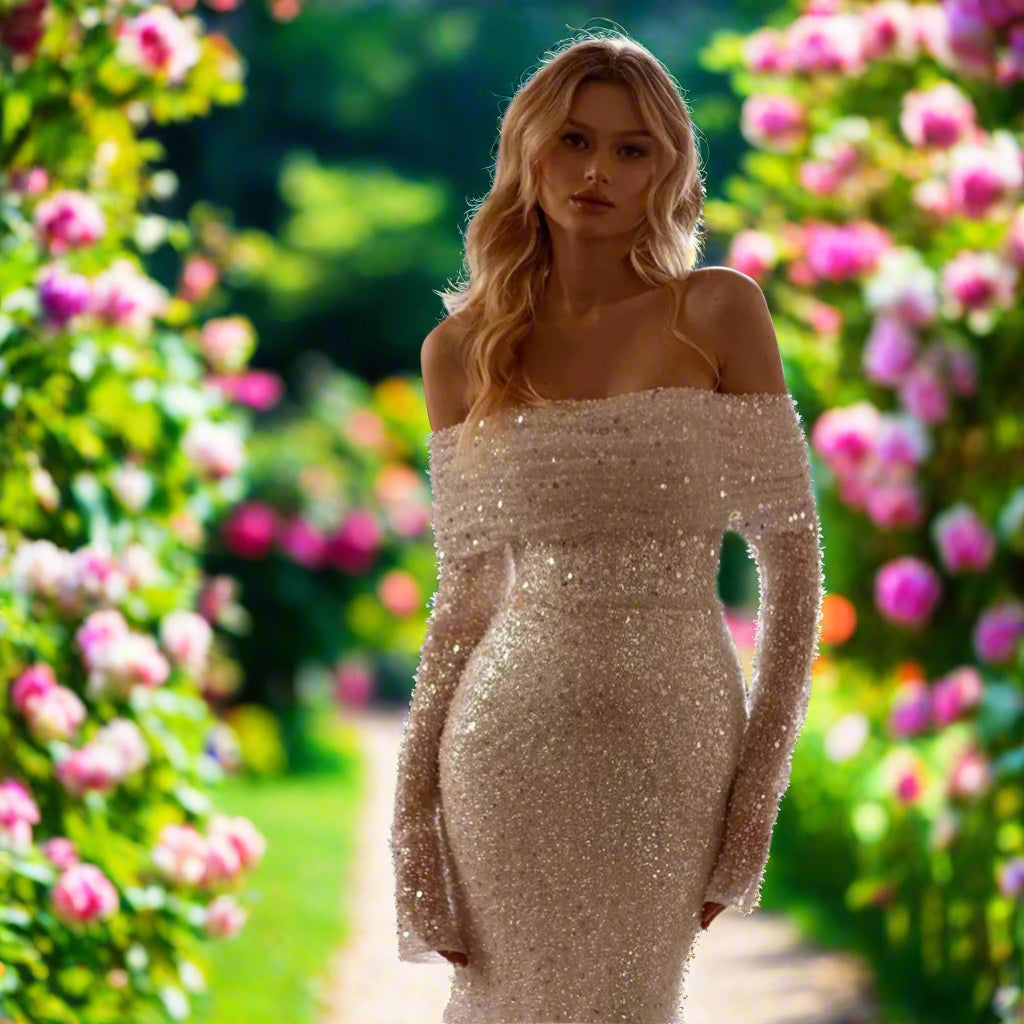 Glitter Long Sleeve Off The Shoulder Mermaid Wedding Dress