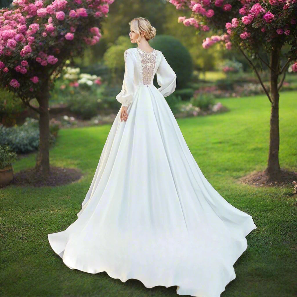 Long Puff Sleeve A-Line Satin Wedding Gown