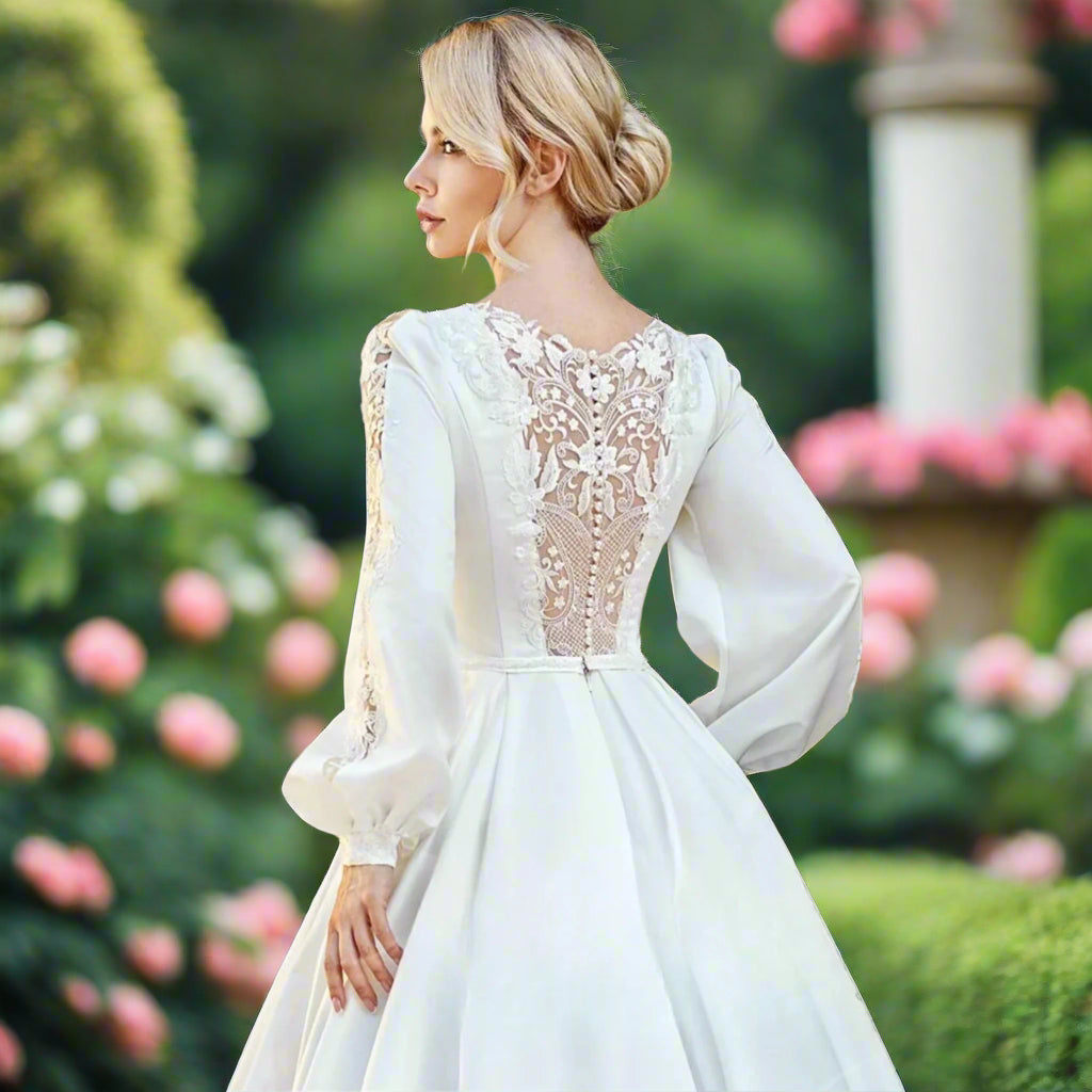 Long Puff Sleeve A-Line Satin Wedding Gown