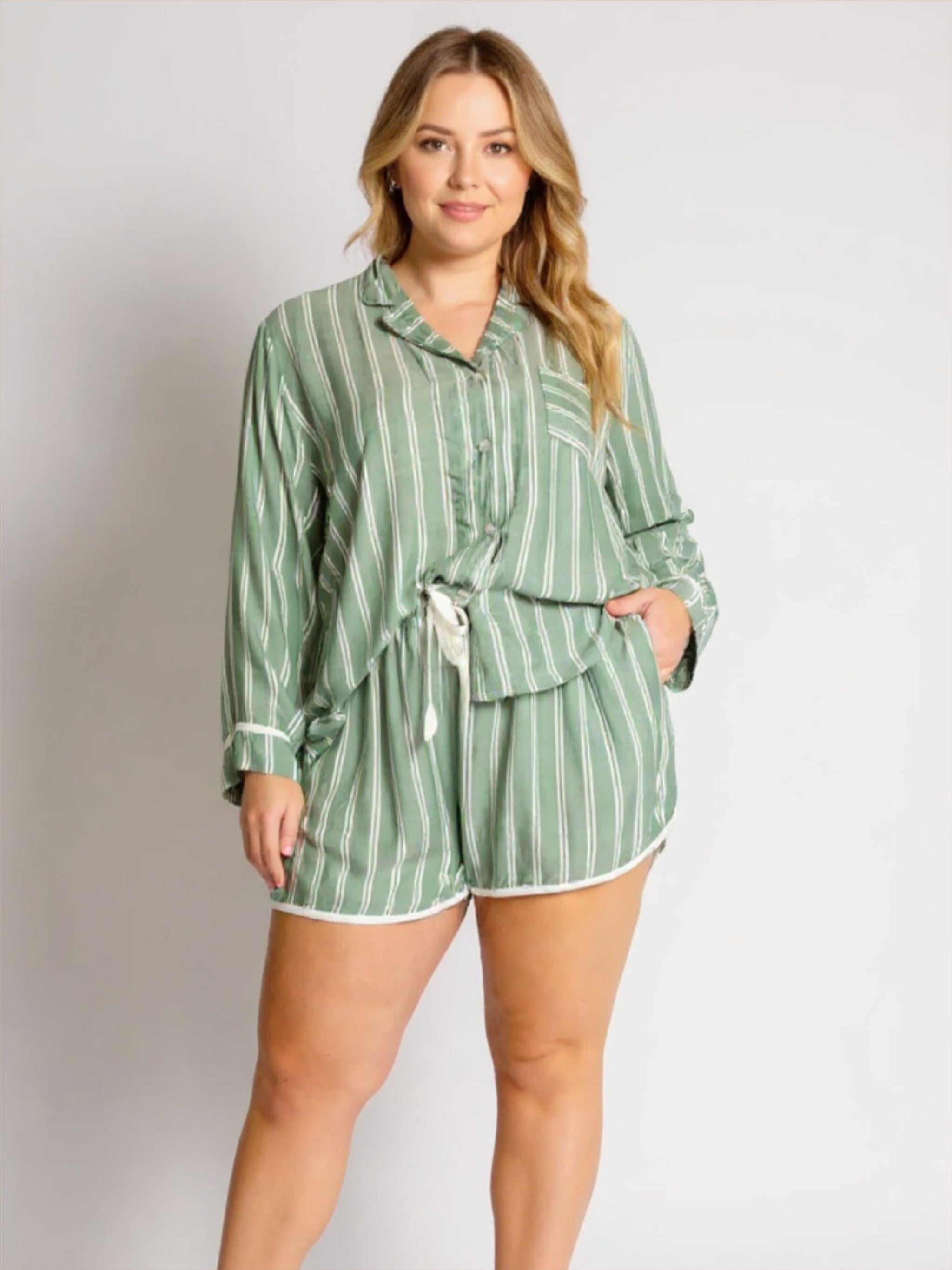 Striped Collared Neck Long Sleeve Top & Shorts Pajama Set