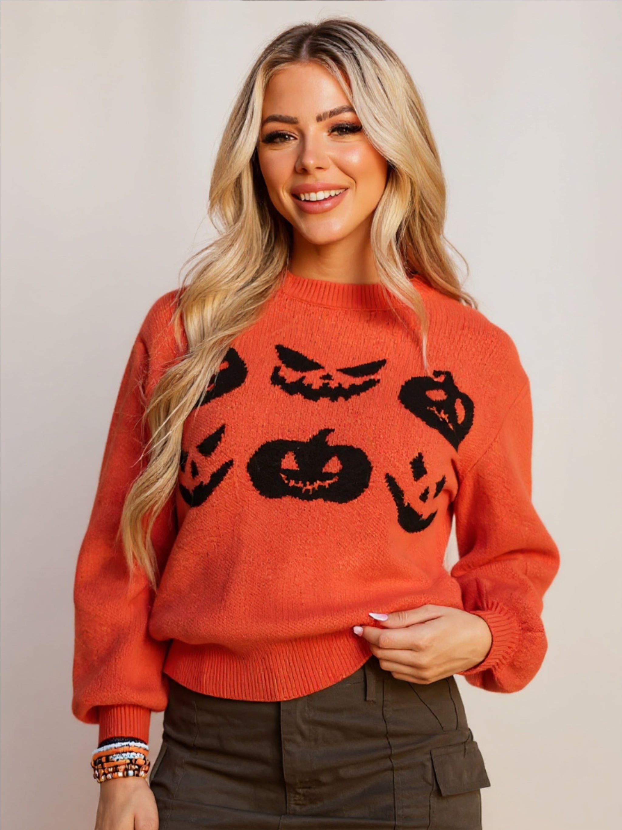 Pumpkin Pattern Round Neck Sweater