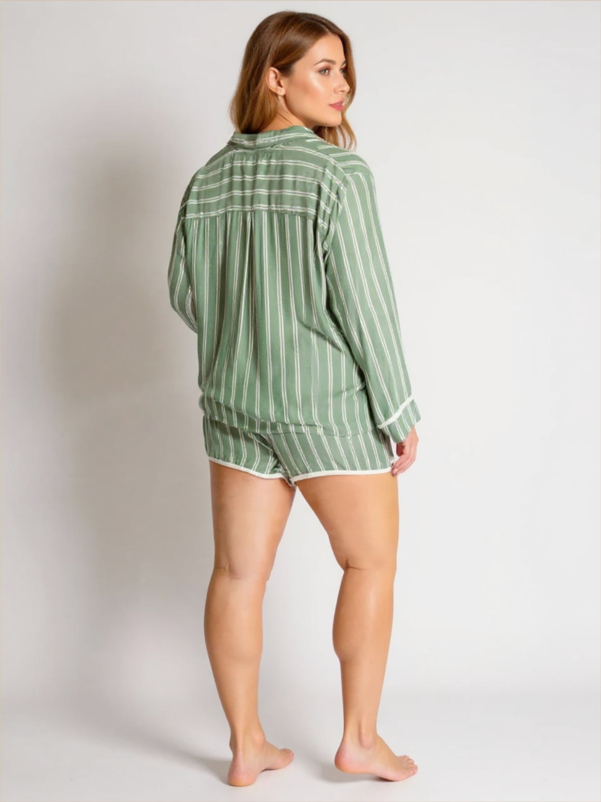 Striped Collared Neck Long Sleeve Top & Shorts Pajama Set