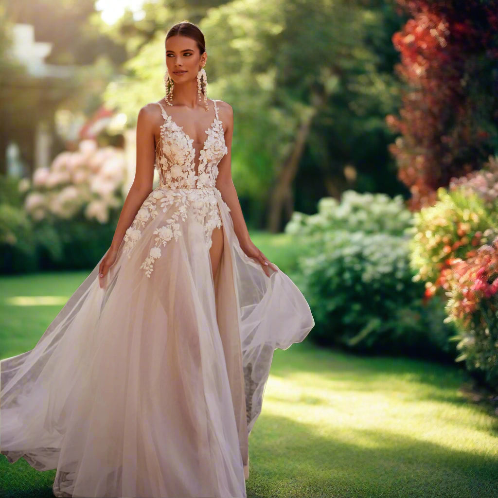 Tulle Deep V Wedding Gown with High Slit