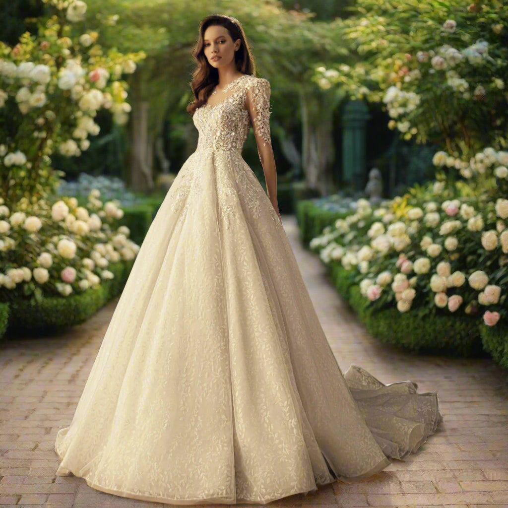 Full Sleeve Sequined Tulle Bridal Dress