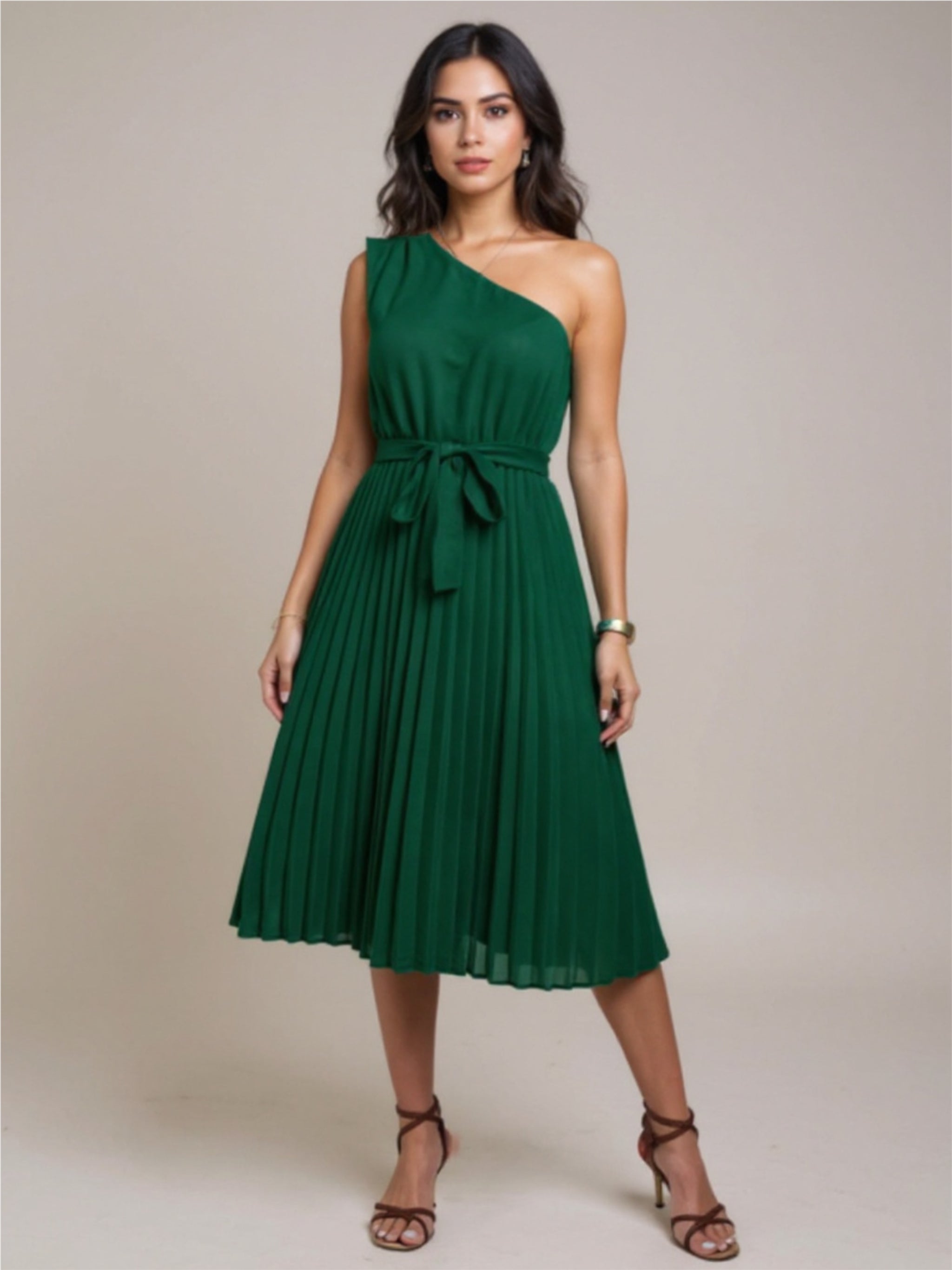 Green Pleated One Shoulder Midi Dress