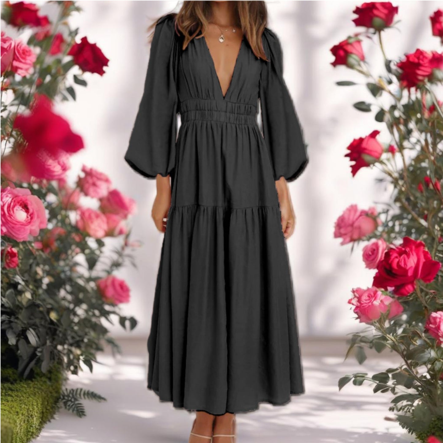 Deep V-Neck Balloon Sleeve Maxi Dress