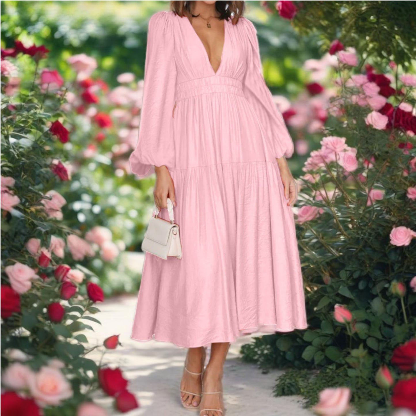 Deep V-Neck Balloon Sleeve Maxi Dress