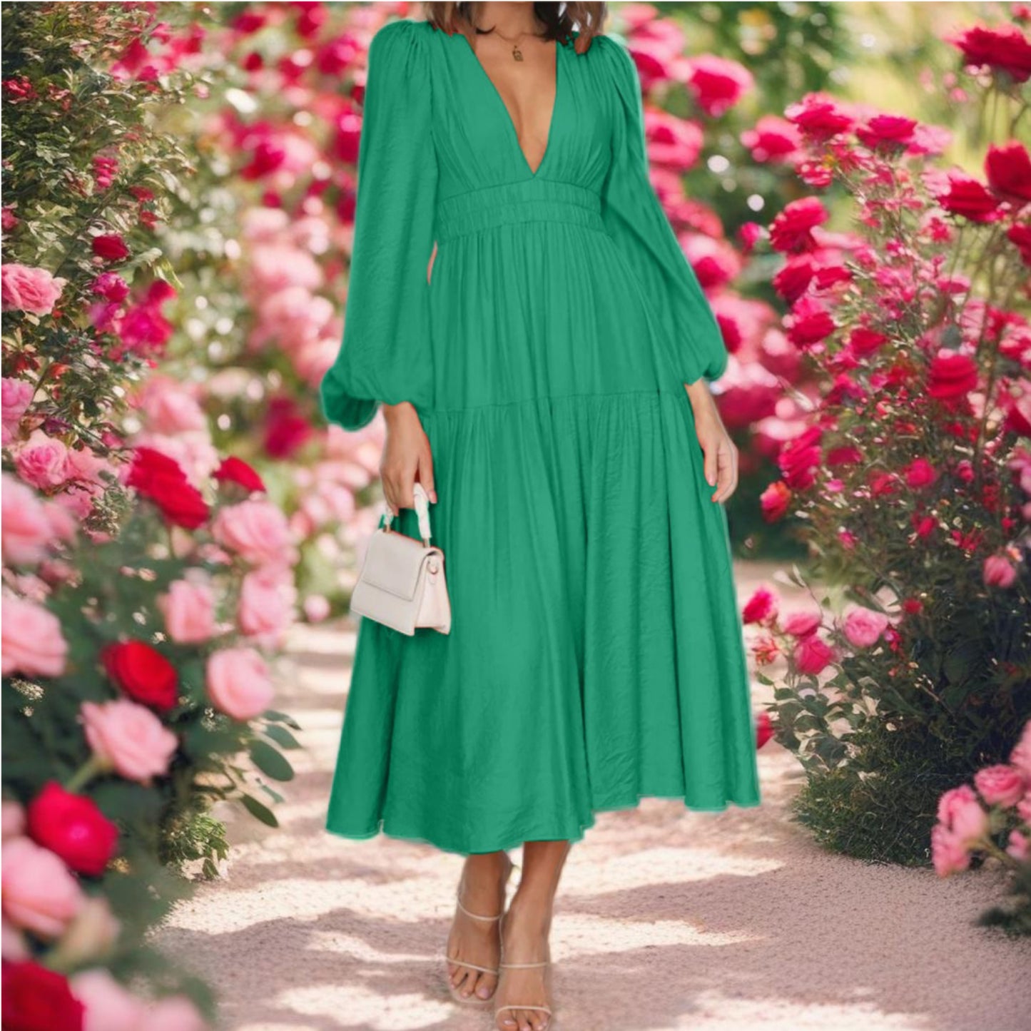 Deep V-Neck Balloon Sleeve Maxi Dress