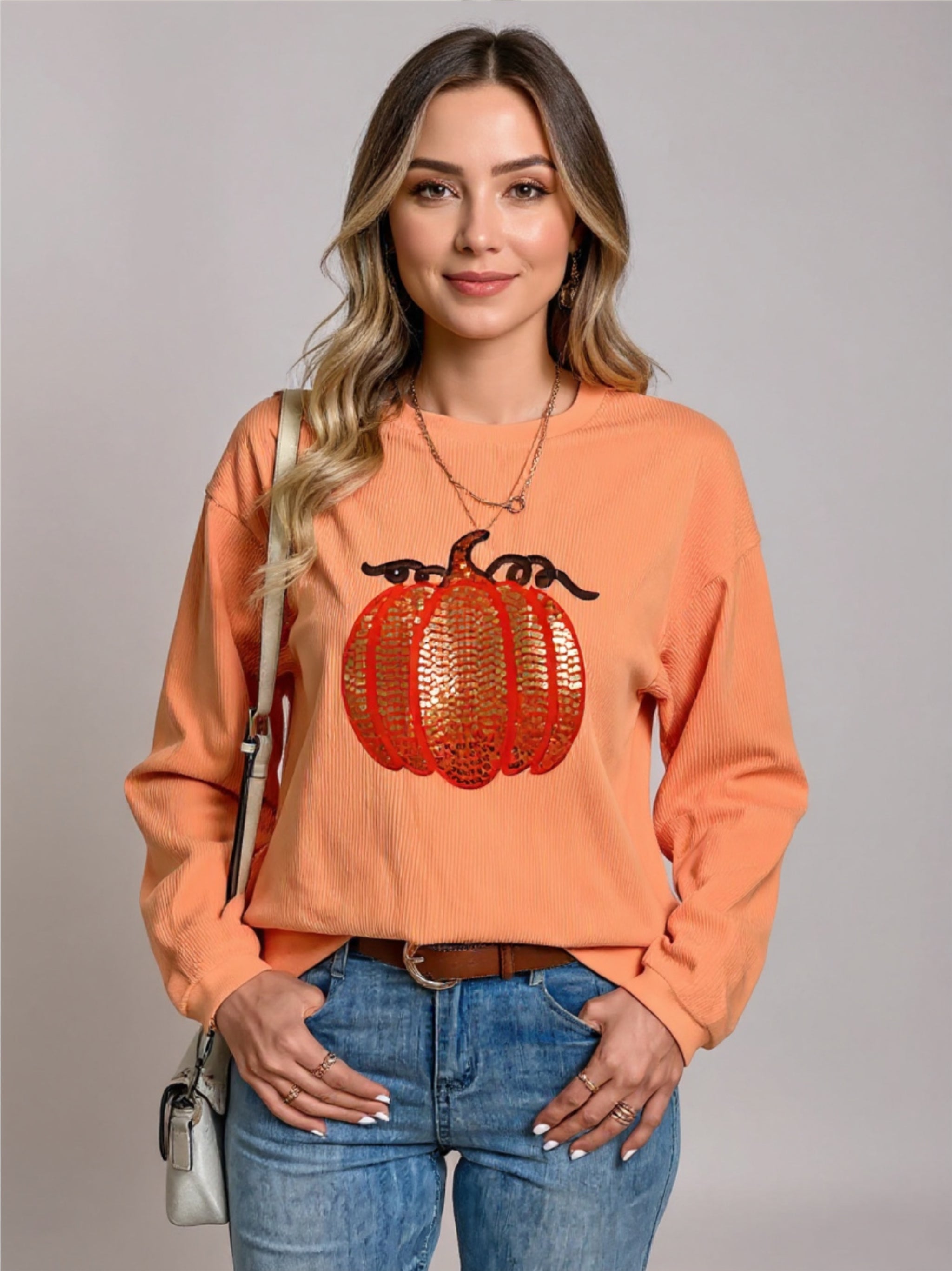 Halloween Sequined Pumpkin Round Neck Sweatshirt