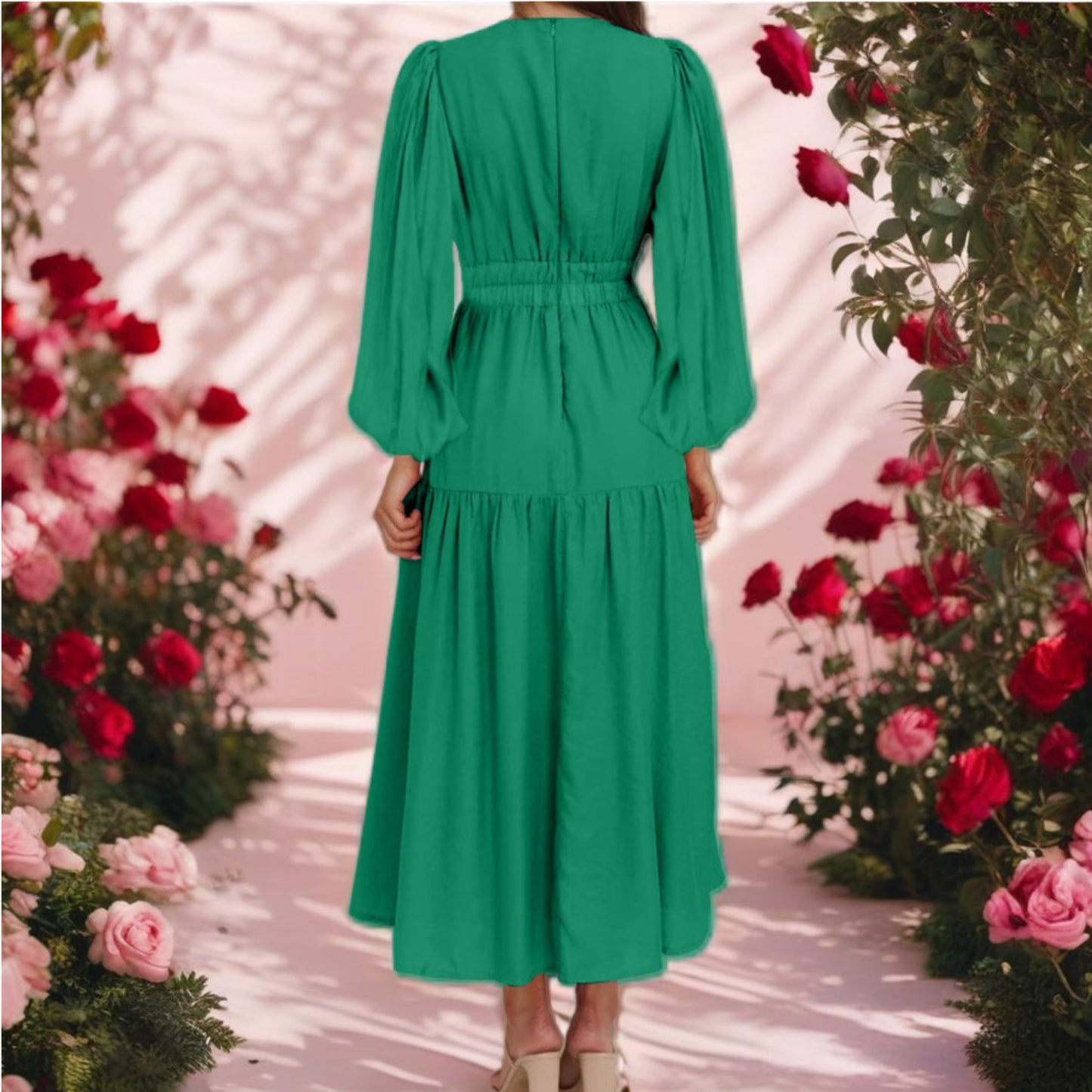 Deep V-Neck Balloon Sleeve Maxi Dress