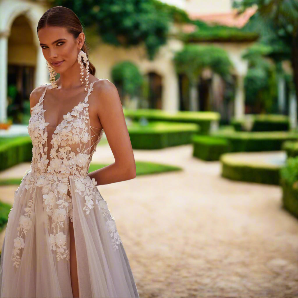 Tulle Deep V Wedding Gown with High Slit