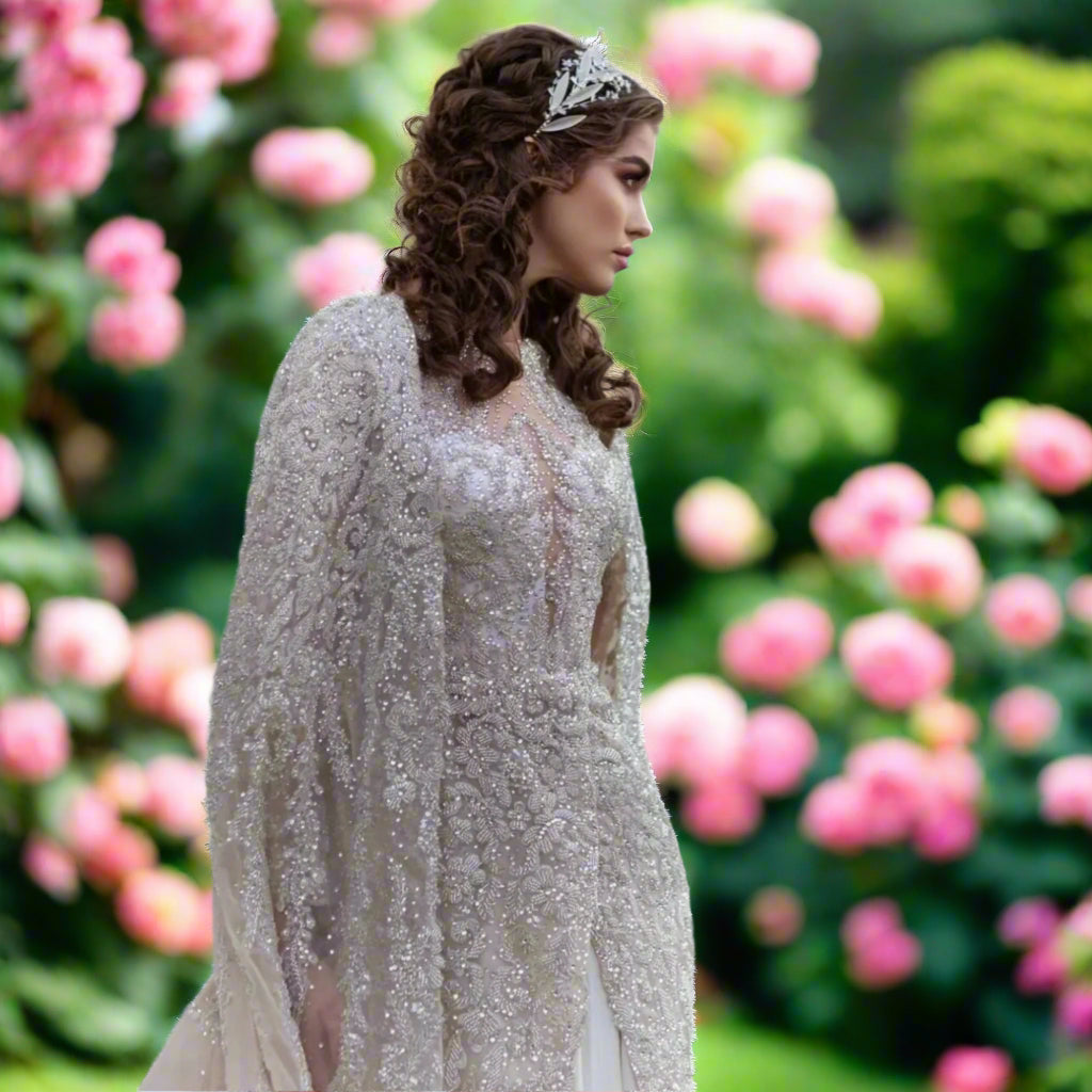 Long Sleeve Sequin Beaded Wedding Gown With Cape