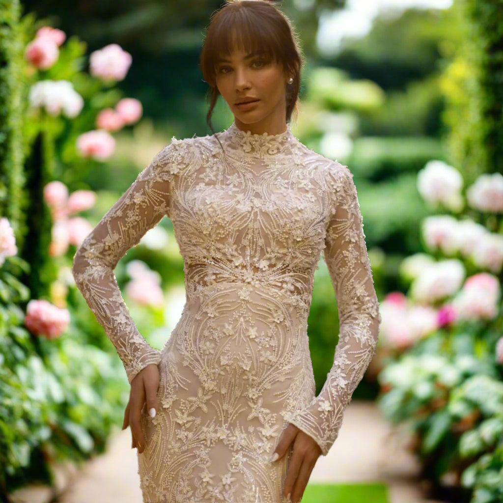 High Collar Long Sleeve Bridal Gown