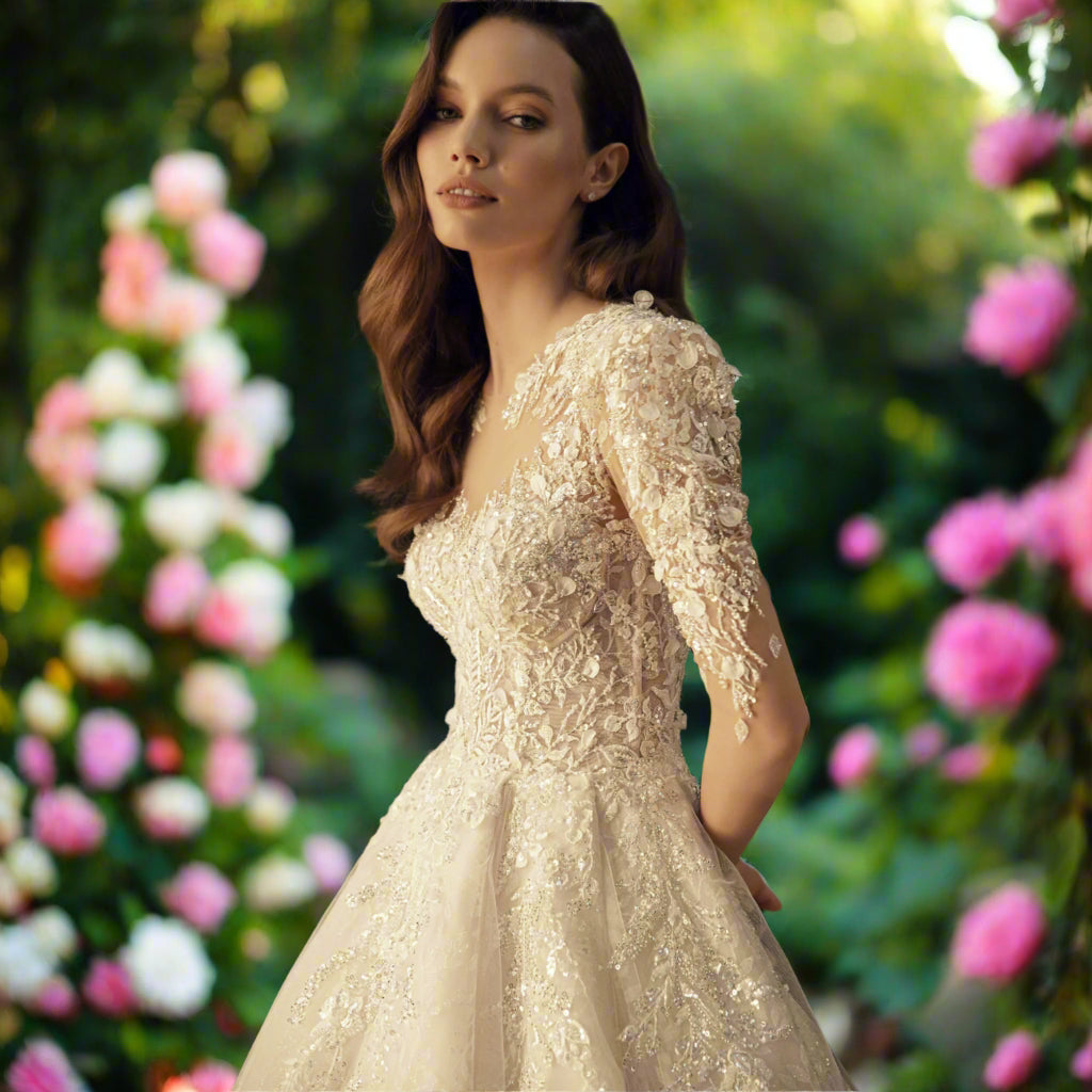 Full Sleeve Sequined Tulle Bridal Dress