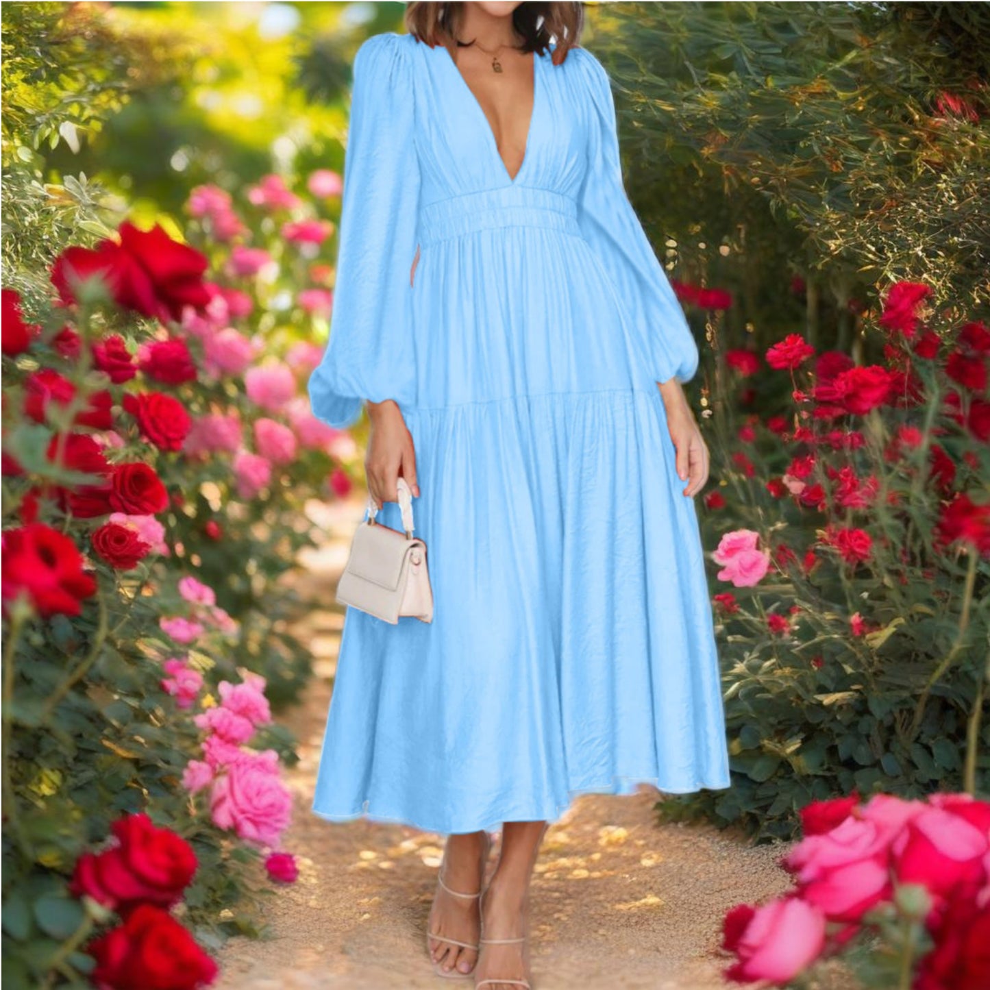 Deep V-Neck Balloon Sleeve Maxi Dress